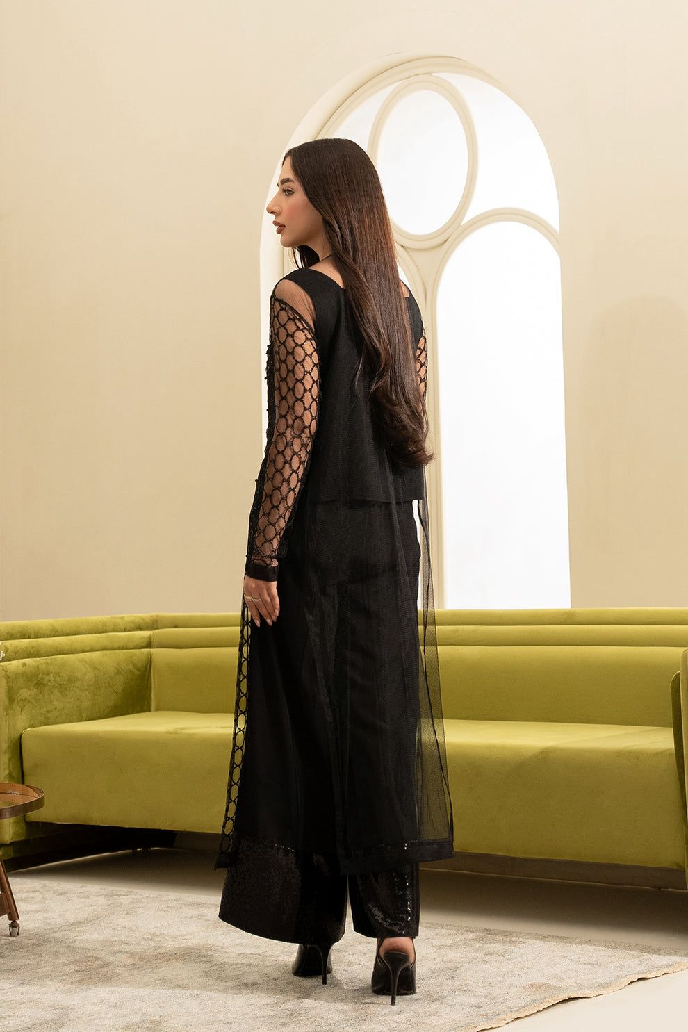 Model wearing black net sequin embroidered unstitched Lulusar replica suit with adda neckline – Mana R.