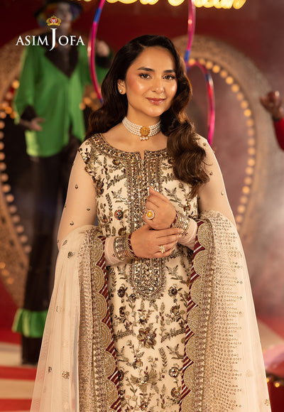 Asim Jofa unstitched luxury suit in net fabric with heavy sequin embroidery on neckline and daman border