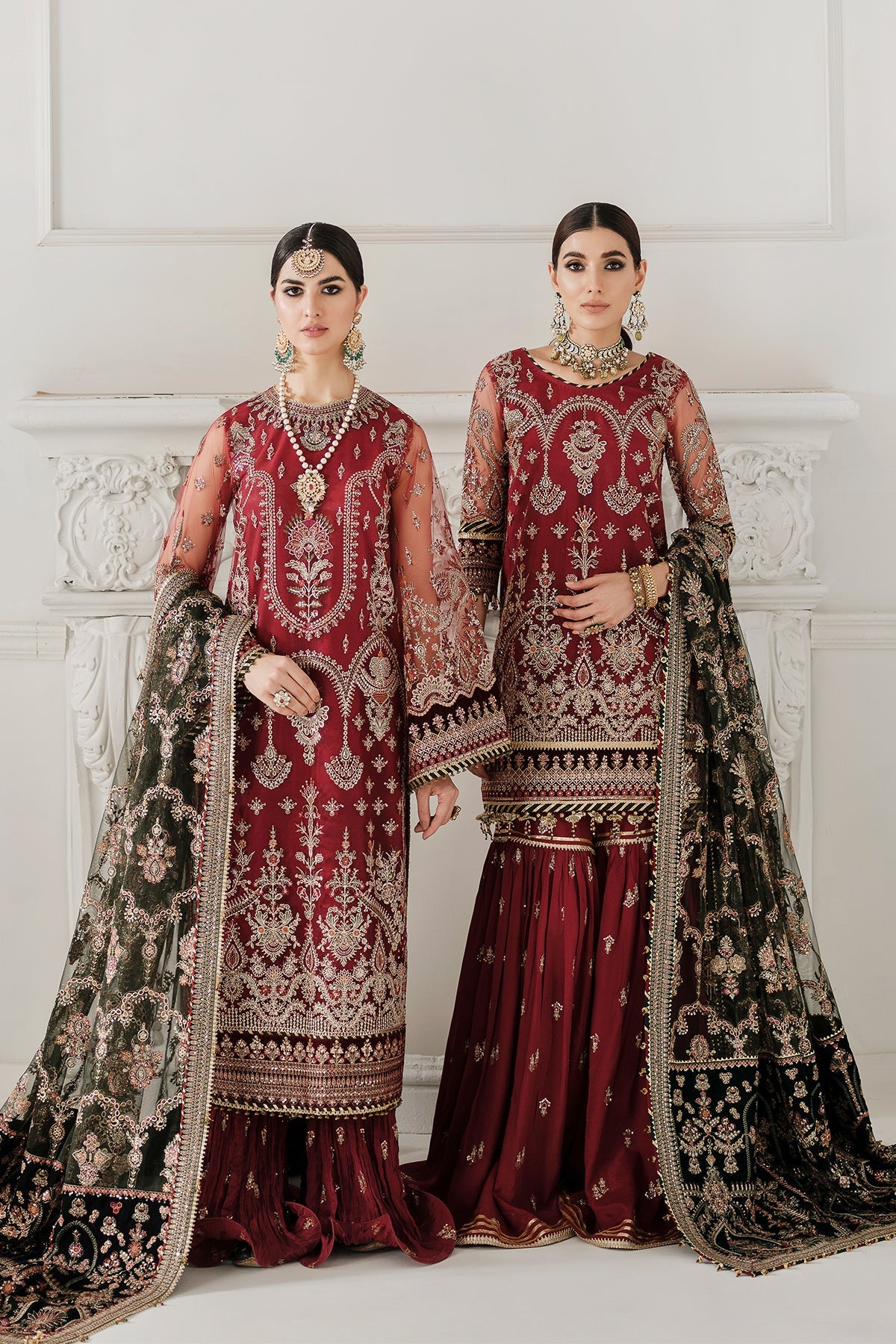 Pakistani formal wear embroidered net dress with organza dupatta