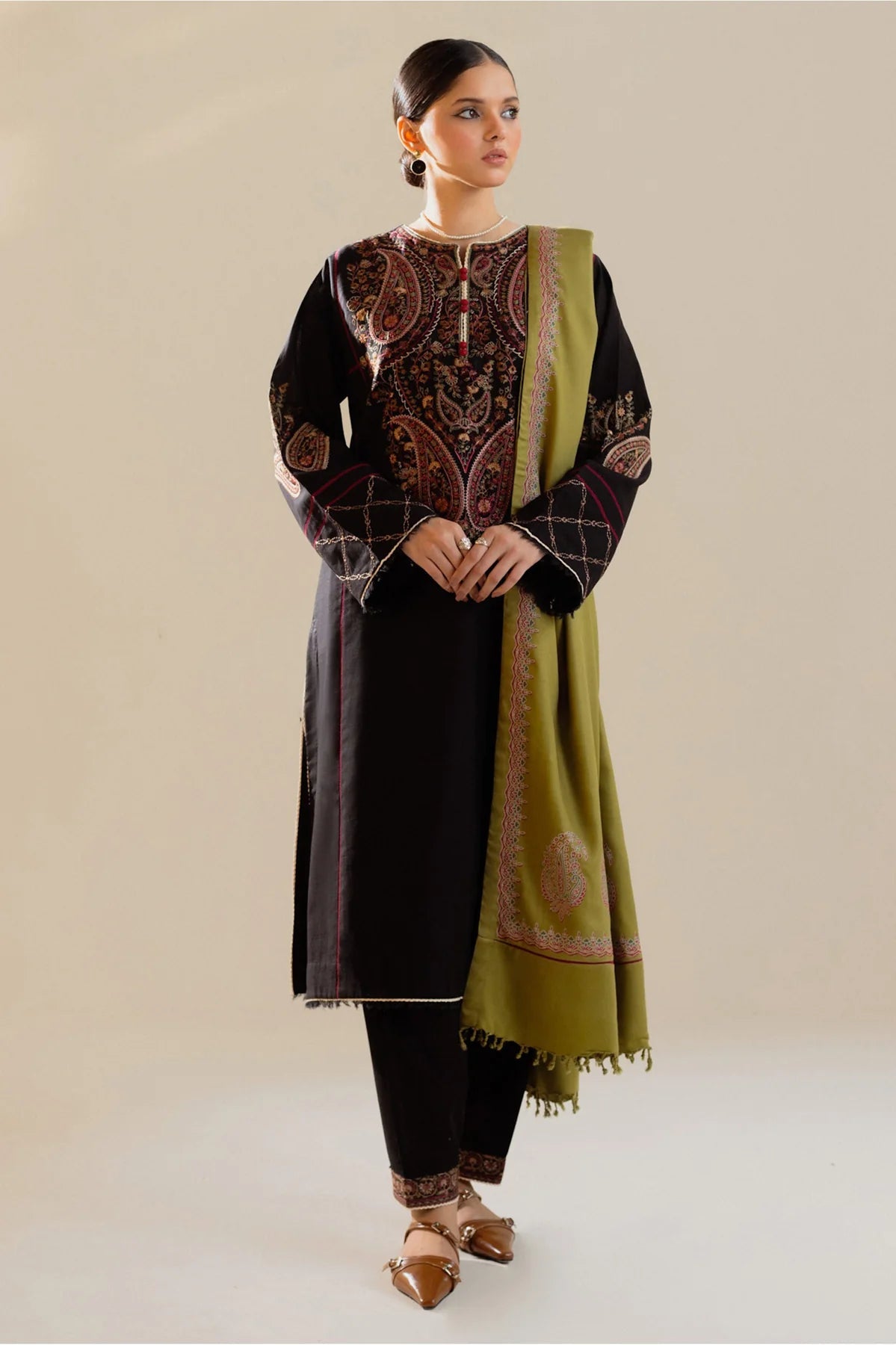 Pakistani unstitched Zara Regal Charm formal suit with embroidered spangle net back and daman border