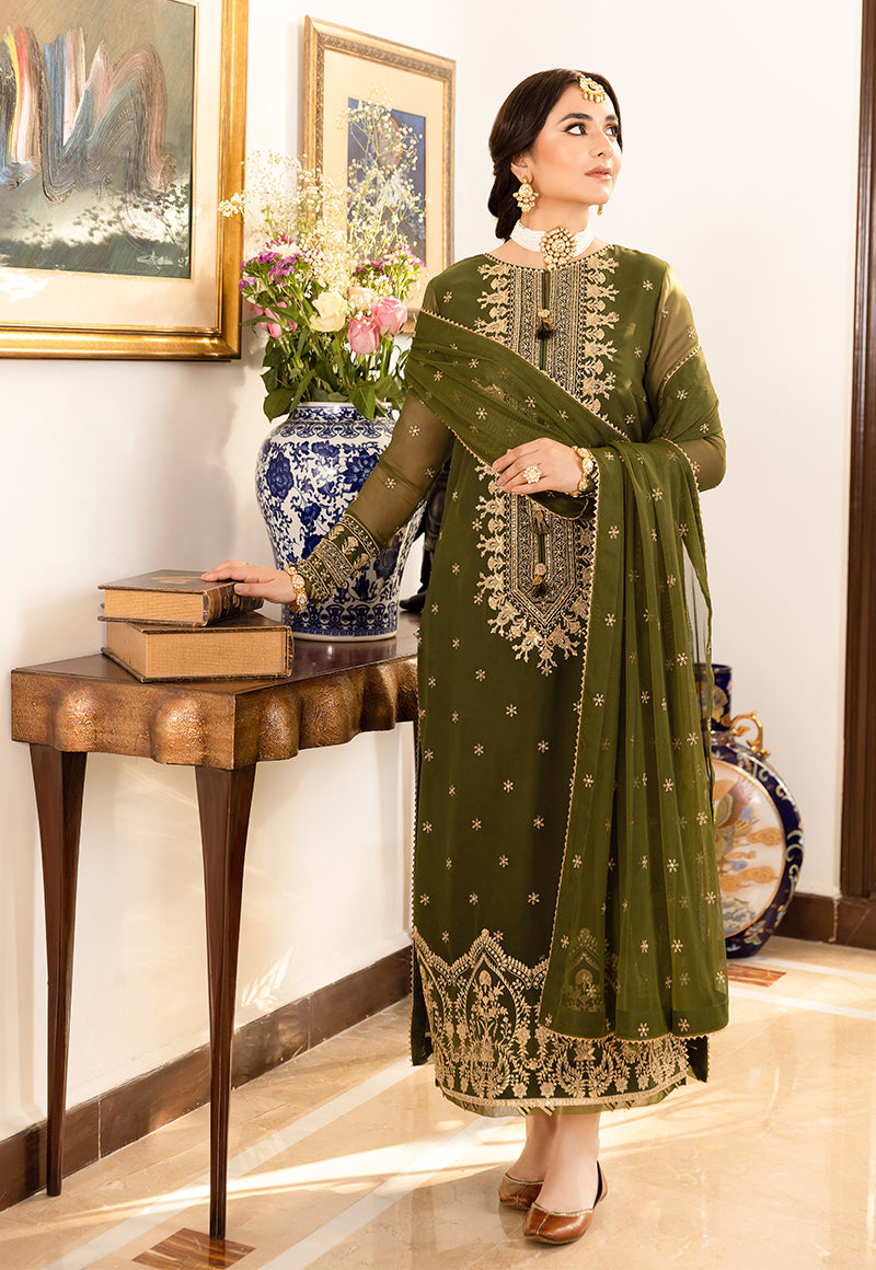 Model wearing olive green embroidered chiffon Asim Jofa replica with 4-side lace dupatta and malai trouser – Mana R.
