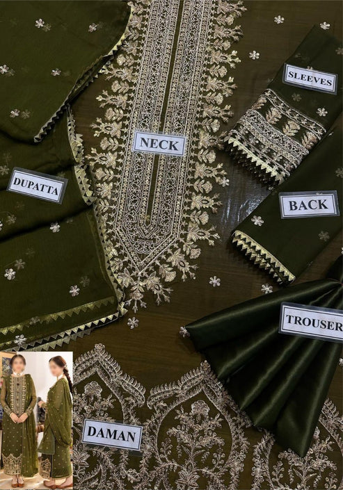 Model wearing olive green embroidered chiffon Asim Jofa replica with 4-side lace dupatta and malai trouser – Mana R.