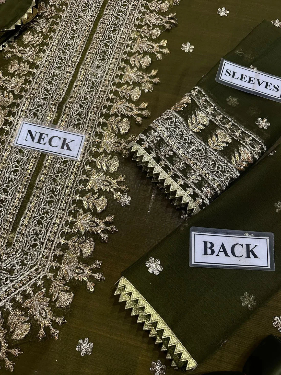 Model wearing olive green embroidered chiffon Asim Jofa replica with 4-side lace dupatta and malai trouser – Mana R.