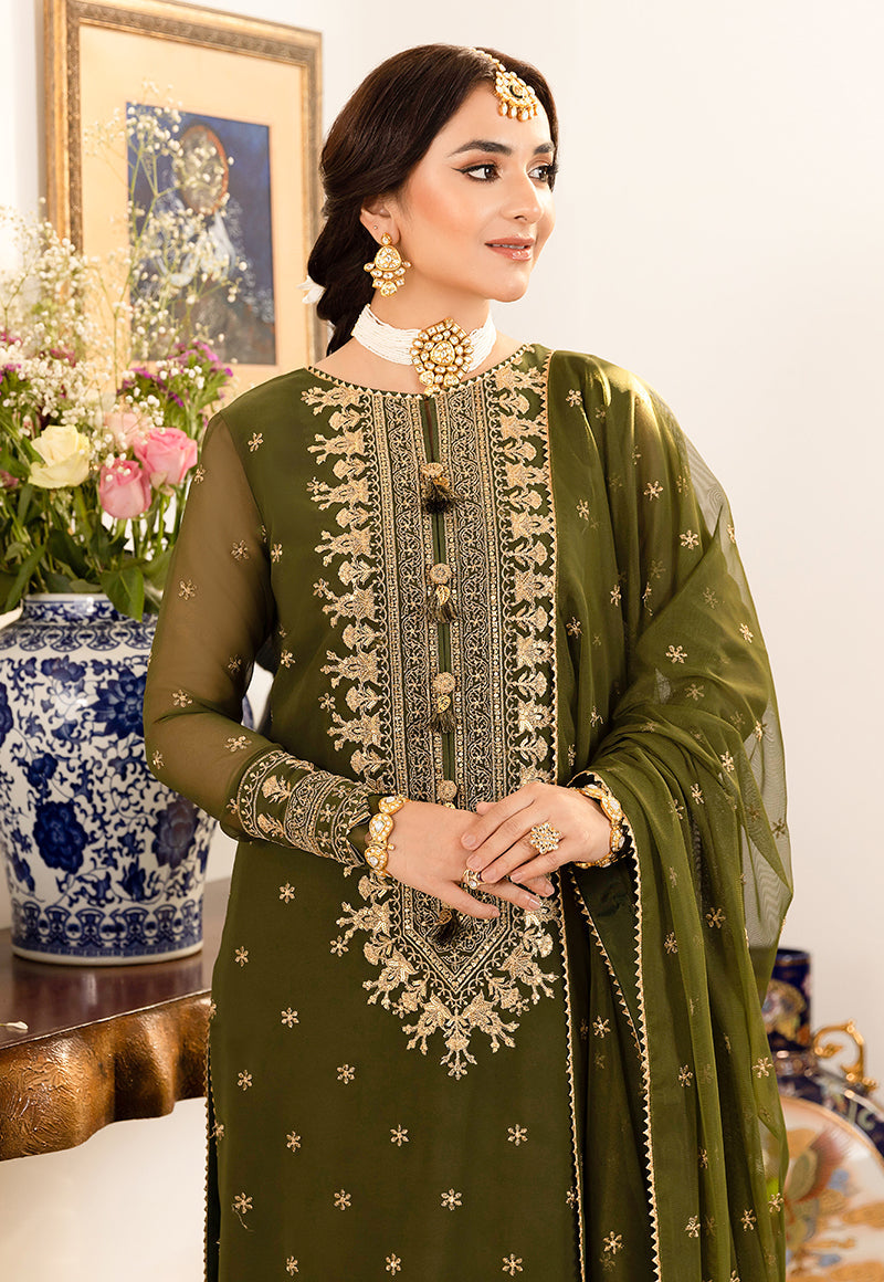 Model wearing olive green embroidered chiffon Asim Jofa replica with 4-side lace dupatta and malai trouser – Mana R.