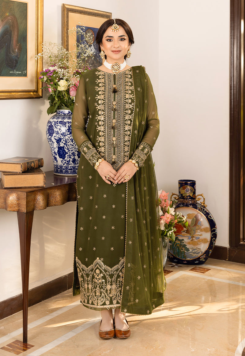 Model wearing olive green embroidered chiffon Asim Jofa replica with 4-side lace dupatta and malai trouser – Mana R.