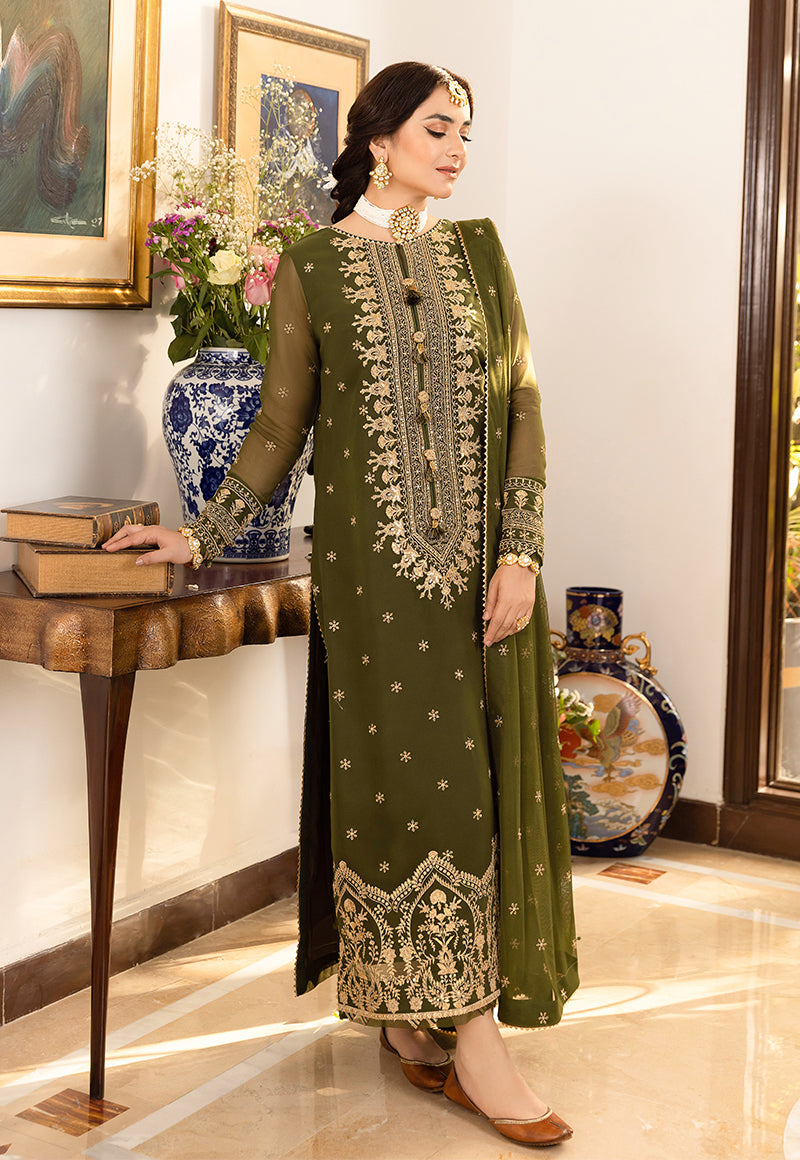 Model wearing olive green embroidered chiffon Asim Jofa replica with 4-side lace dupatta and malai trouser – Mana R.