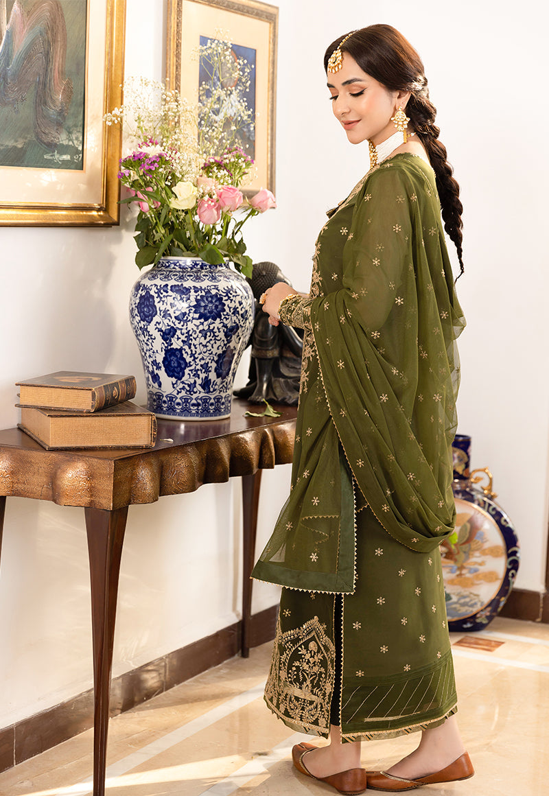 Model wearing olive green embroidered chiffon Asim Jofa replica with 4-side lace dupatta and malai trouser – Mana R.