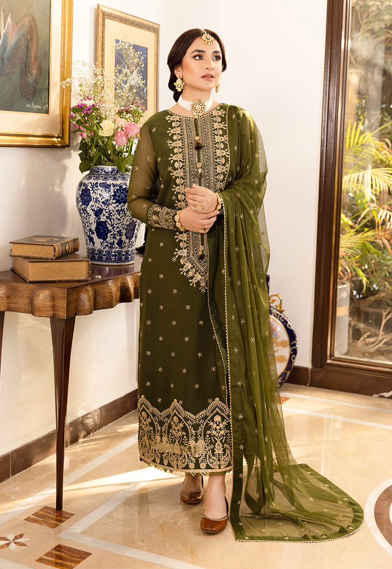 Model wearing olive green embroidered chiffon Asim Jofa replica with 4-side lace dupatta and malai trouser – Mana R.