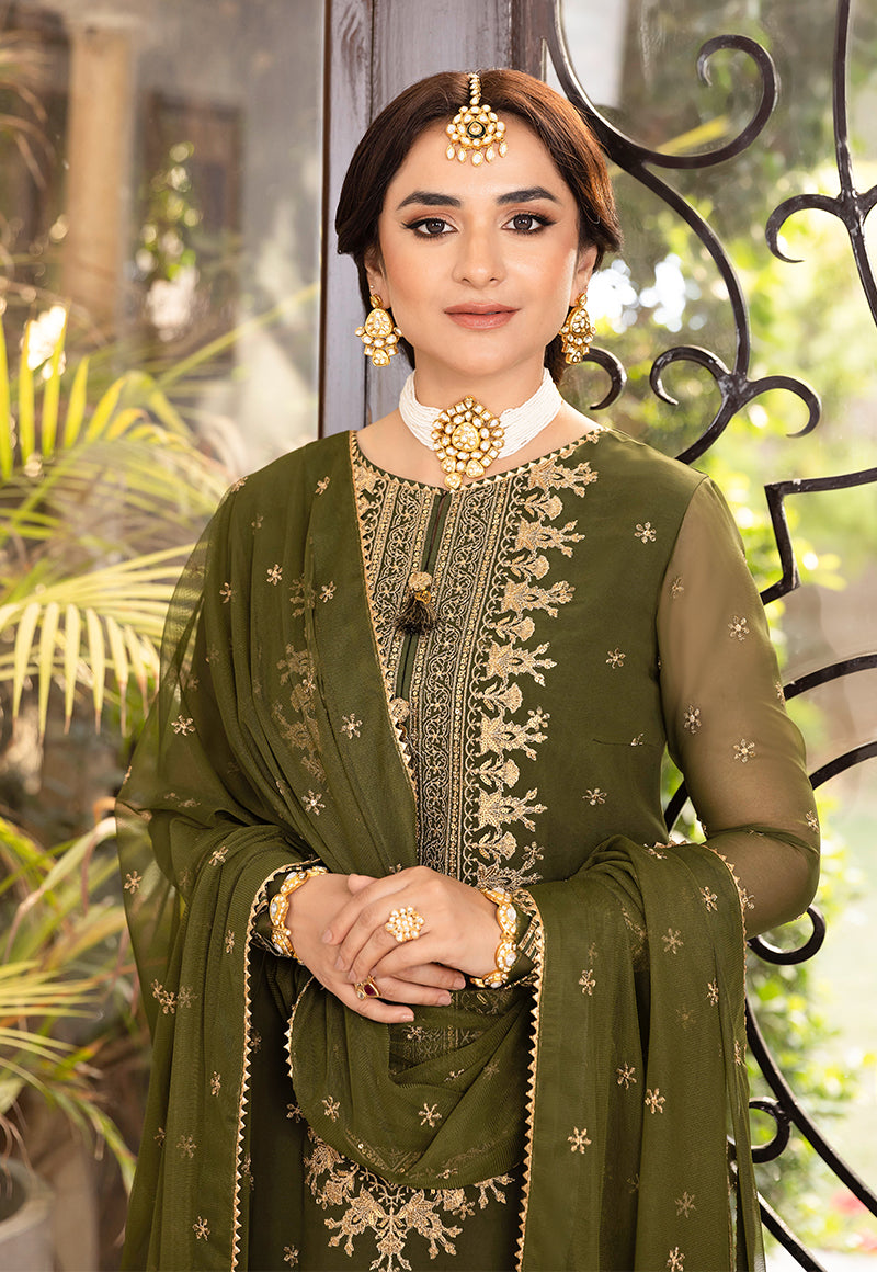 Model wearing olive green embroidered chiffon Asim Jofa replica with 4-side lace dupatta and malai trouser – Mana R.