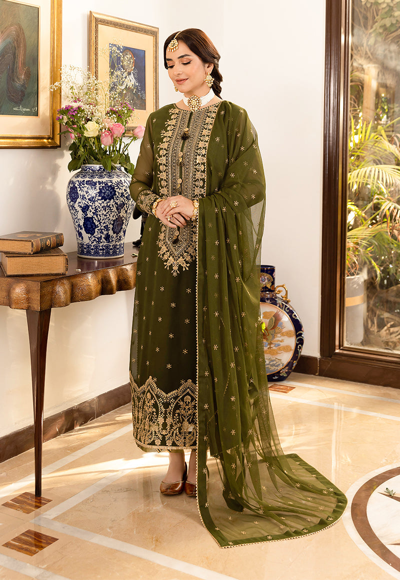 Model wearing olive green embroidered chiffon Asim Jofa replica with 4-side lace dupatta and malai trouser – Mana R.
