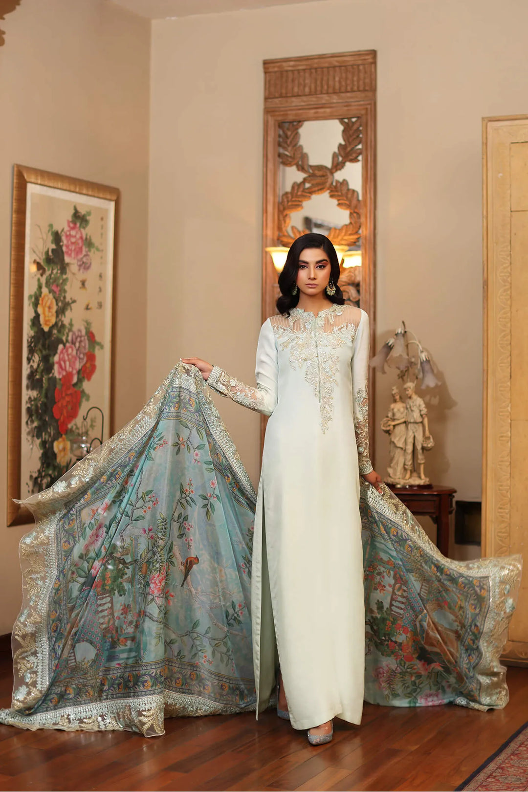 Model wearing Azure Aqua Silk Replica AZ-06 in sky blue with embroidered shirt, silk trouser, and printed dupatta – Mana R.