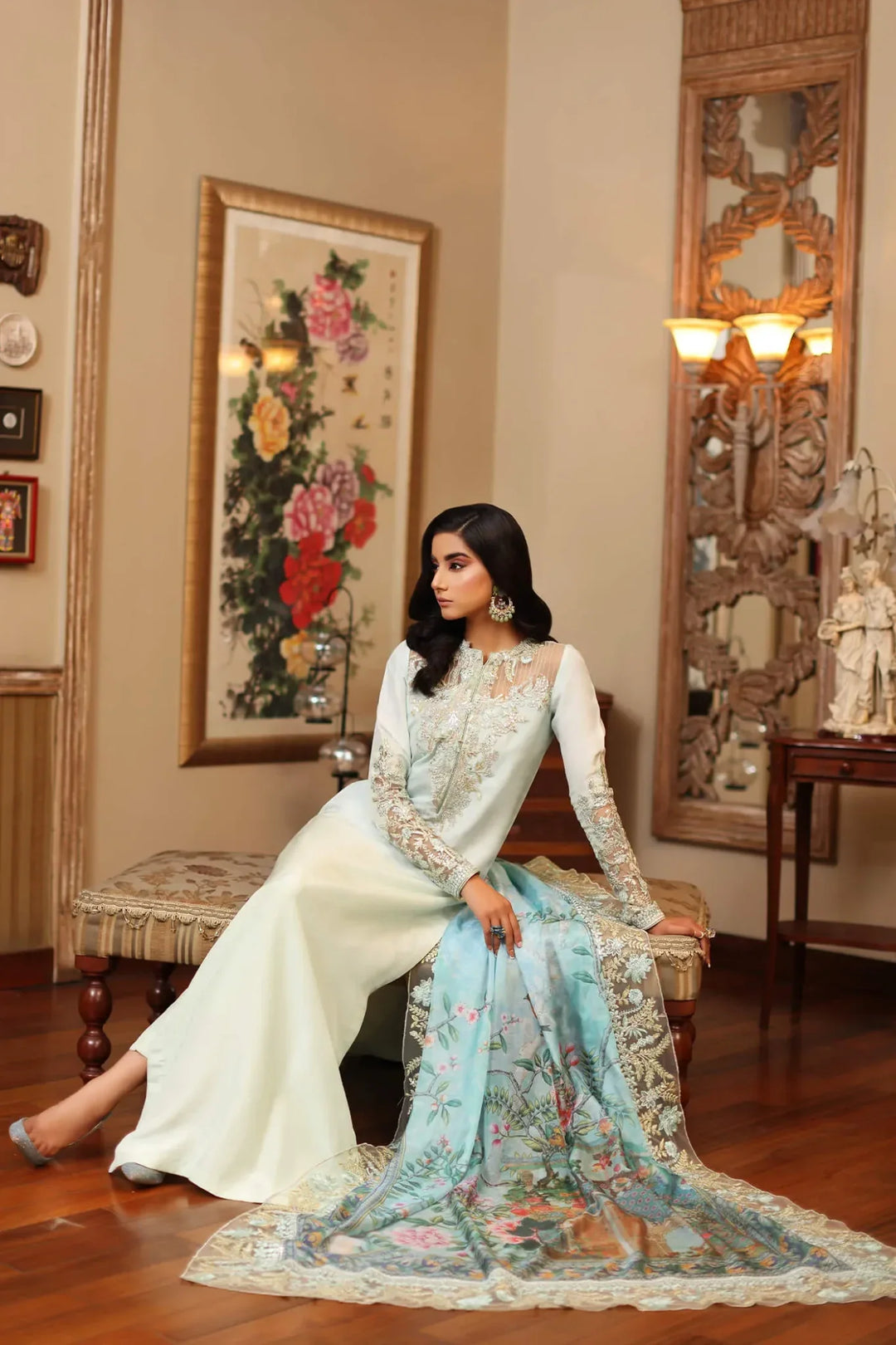 Model wearing Azure Aqua Silk Replica AZ-06 in sky blue with embroidered shirt, silk trouser, and printed dupatta – Mana R.