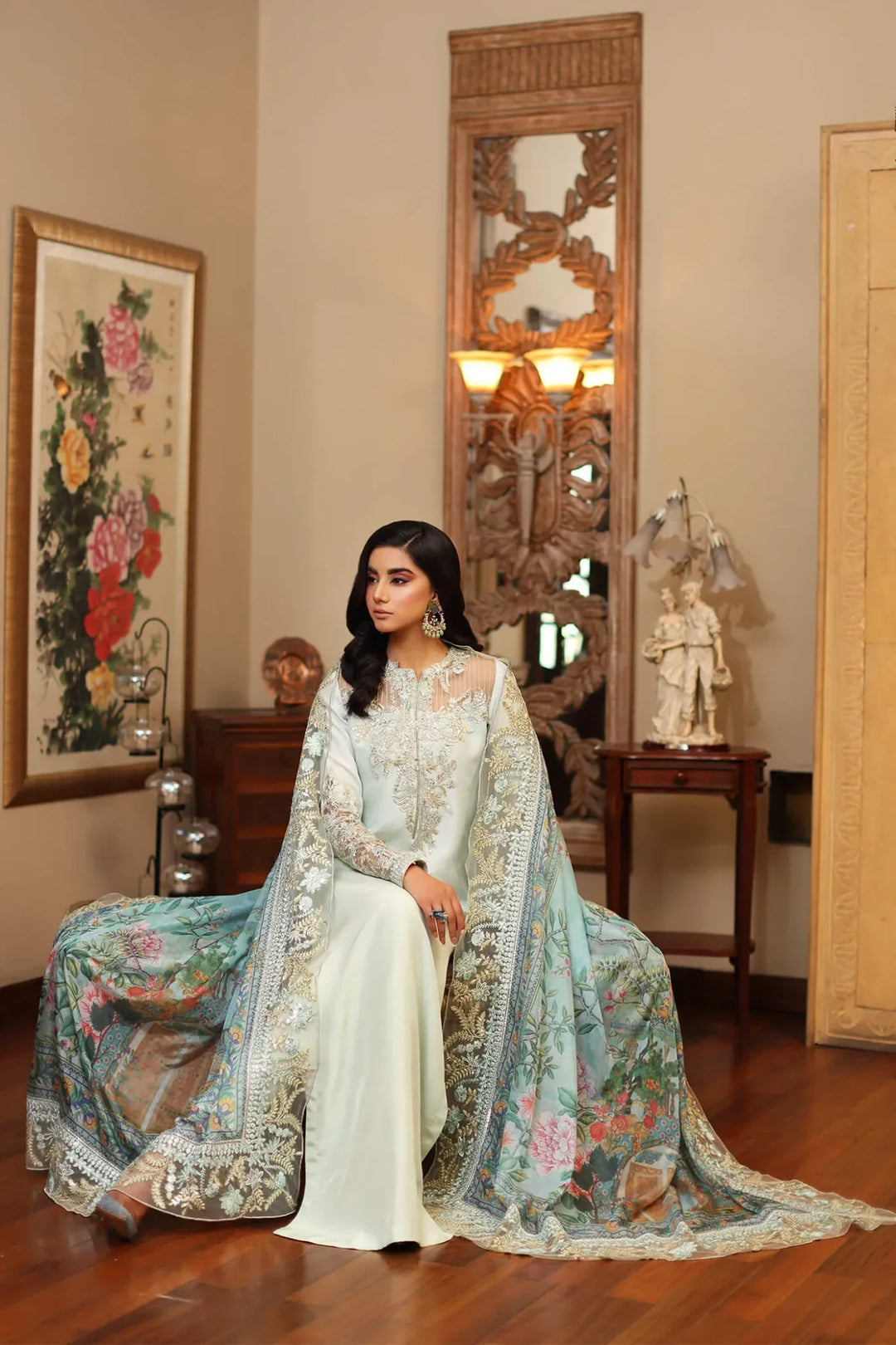 Model wearing Azure Aqua Silk Replica AZ-06 in sky blue with embroidered shirt, silk trouser, and printed dupatta – Mana R.