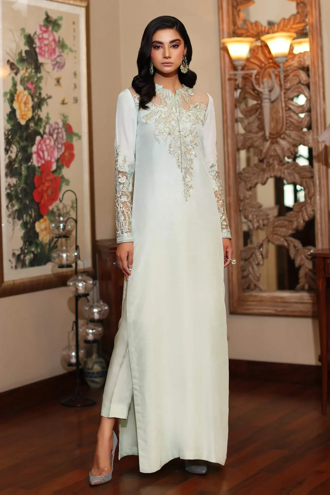 Model wearing Azure Aqua Silk Replica AZ-06 in sky blue with embroidered shirt, silk trouser, and printed dupatta – Mana R.