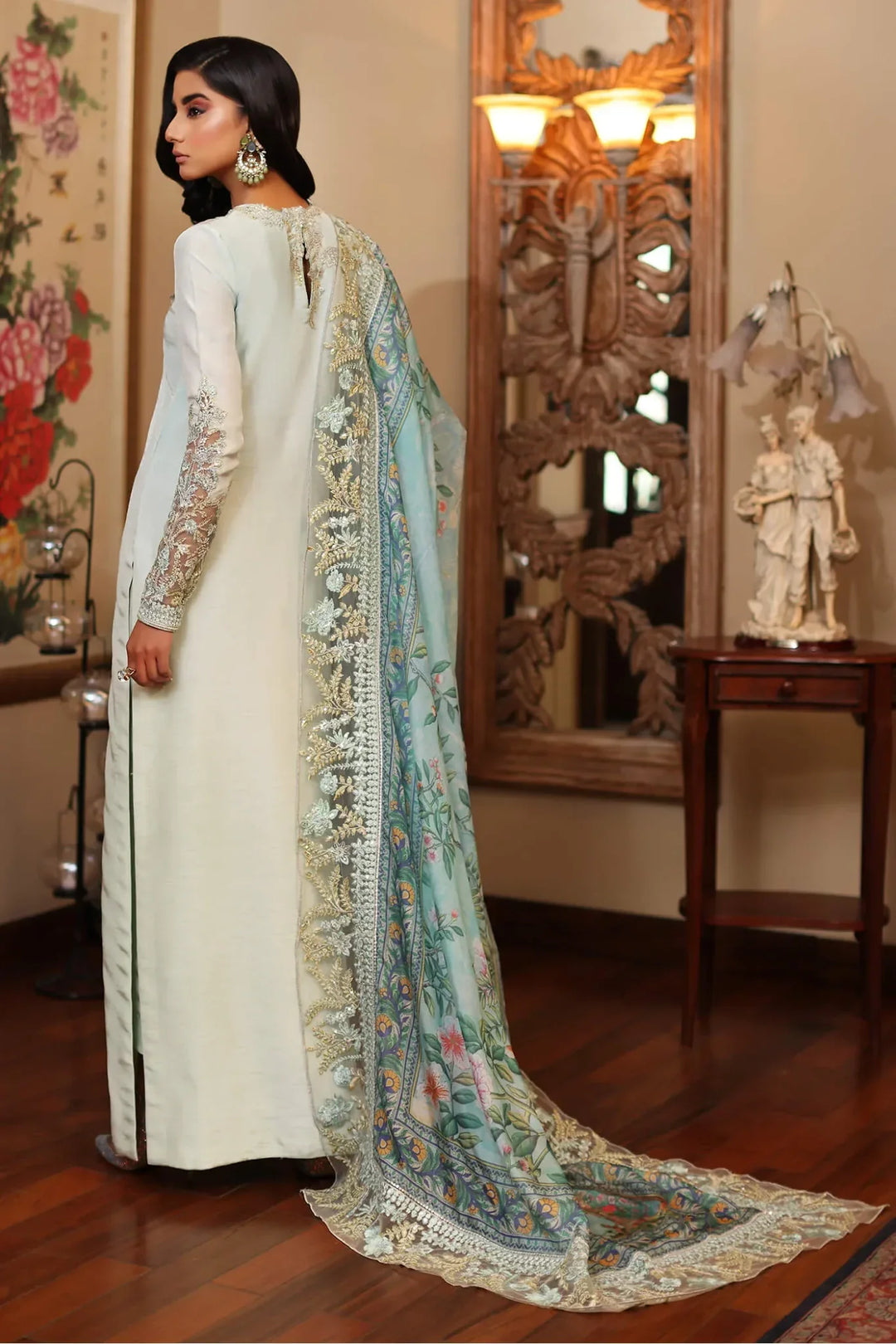 Model wearing Azure Aqua Silk Replica AZ-06 in sky blue with embroidered shirt, silk trouser, and printed dupatta – Mana R.