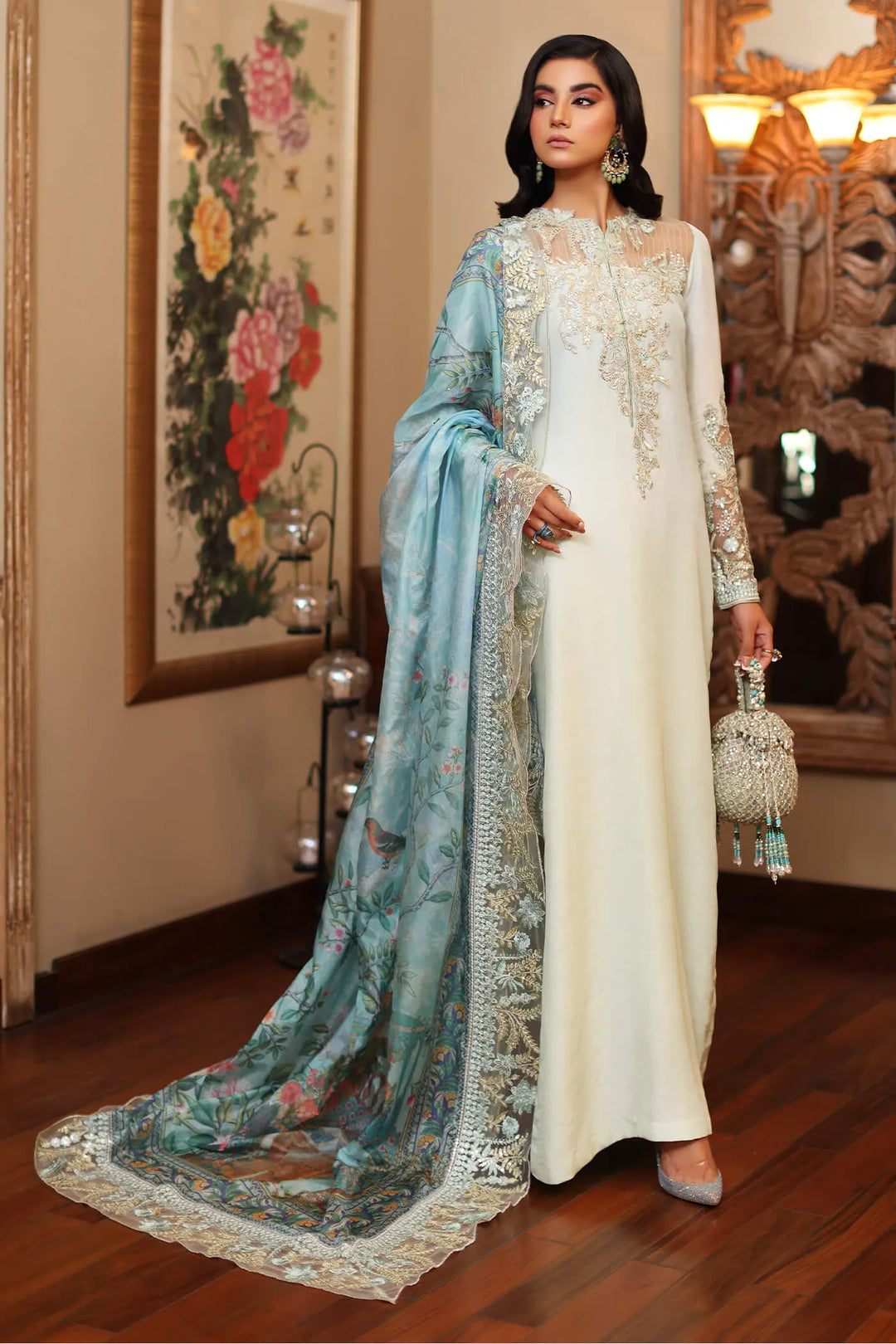 Model wearing Azure Aqua Silk Replica AZ-06 in sky blue with embroidered shirt, silk trouser, and printed dupatta – Mana R.