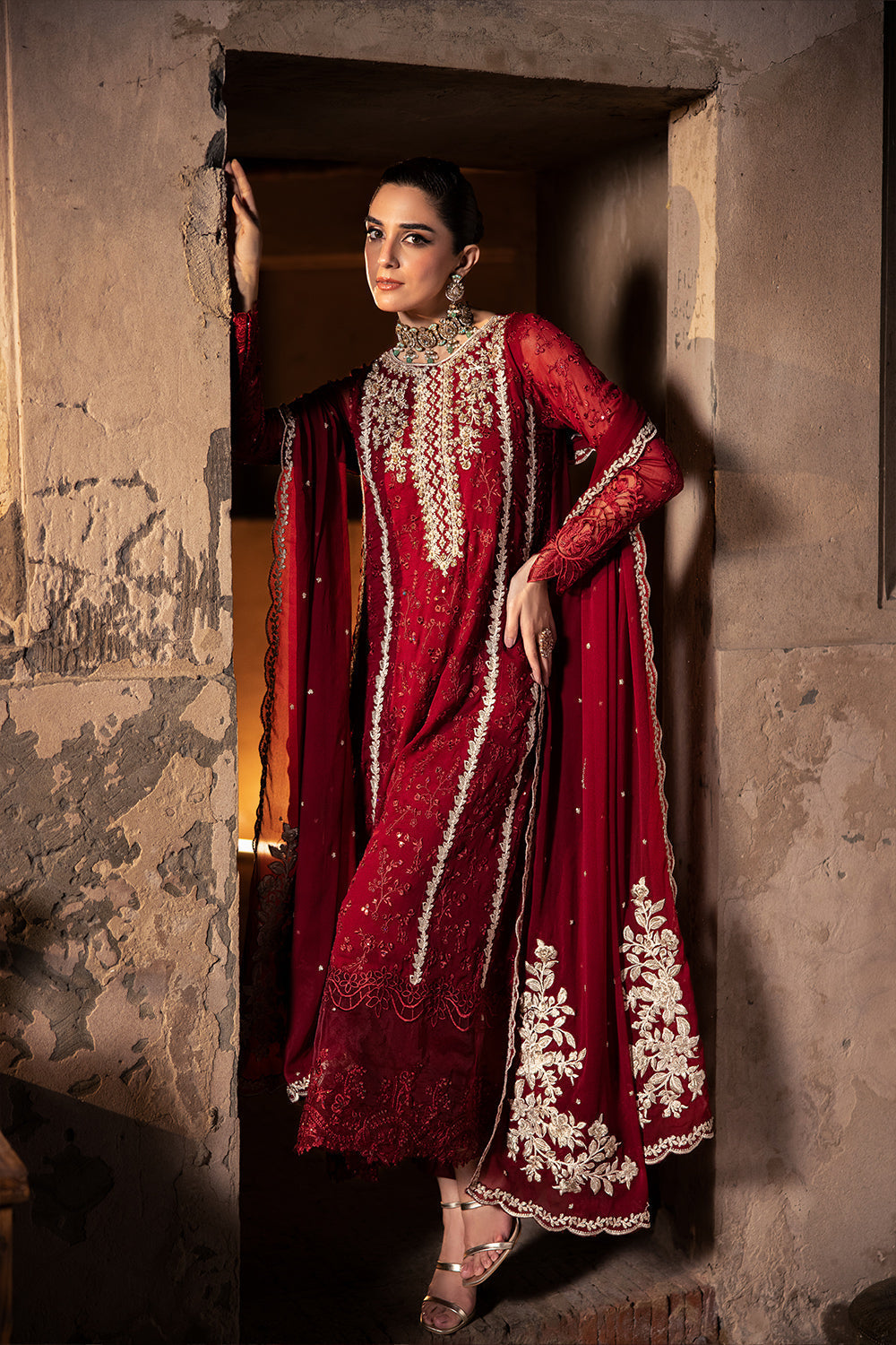 Model wearing Azure Royal Crimson maroon chiffon replica suit with embellished neckline and ready dupatta – Mana R.