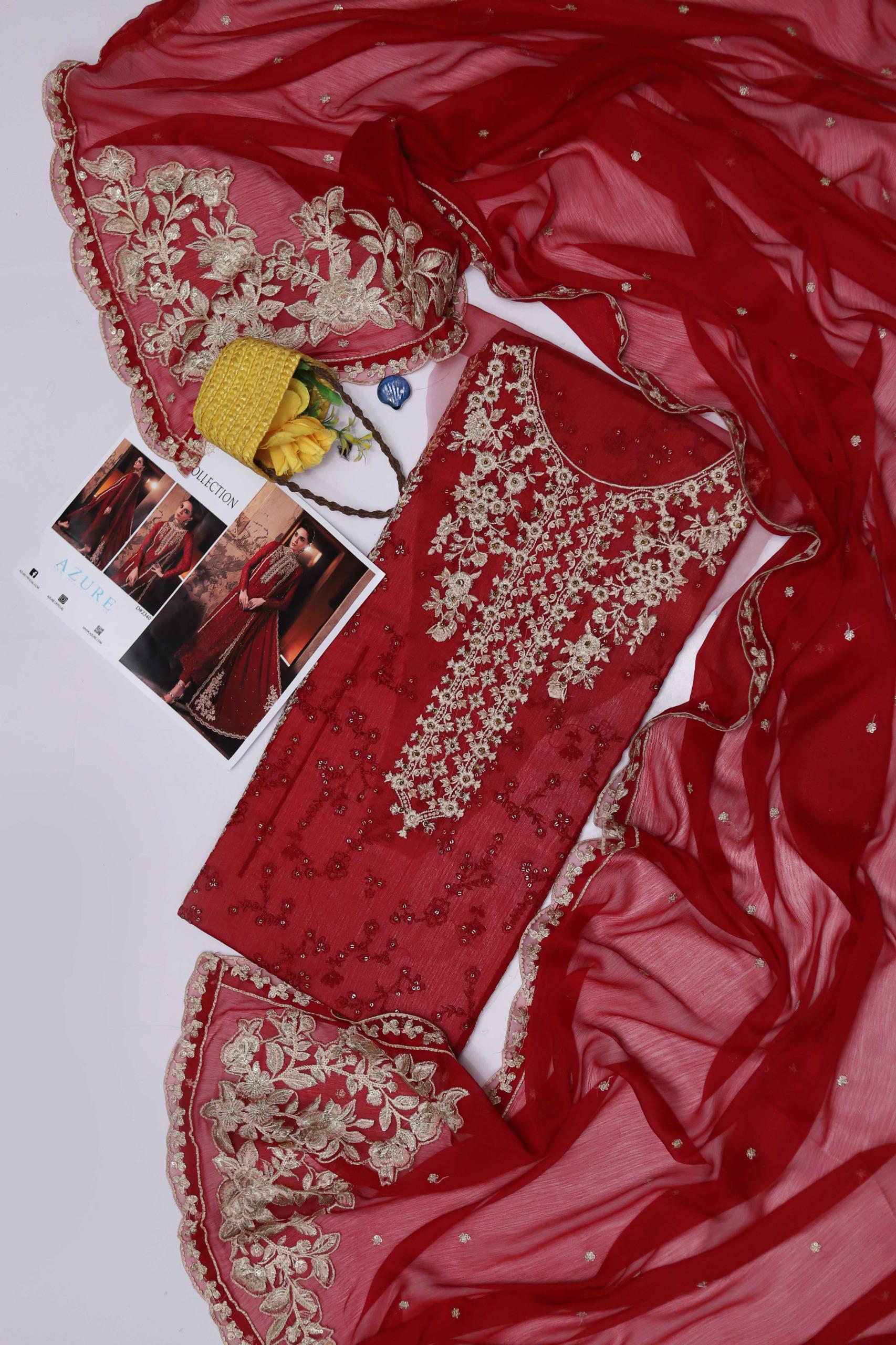 Model wearing Azure Royal Crimson maroon chiffon replica suit with embellished neckline and ready dupatta – Mana R.