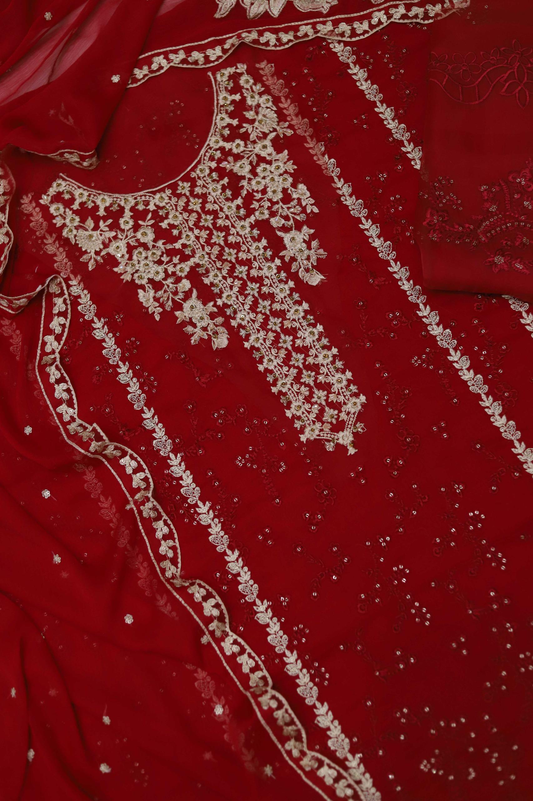 Model wearing Azure Royal Crimson maroon chiffon replica suit with embellished neckline and ready dupatta – Mana R.