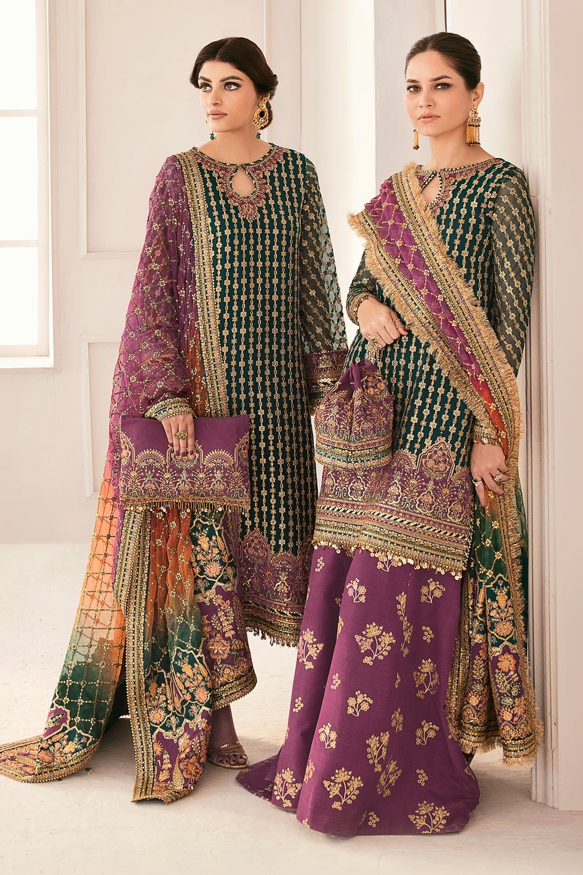 Model wearing green organza embroidered Baroque Chantalée replica with double-shaded dupatta and silk trouser – Mana R.