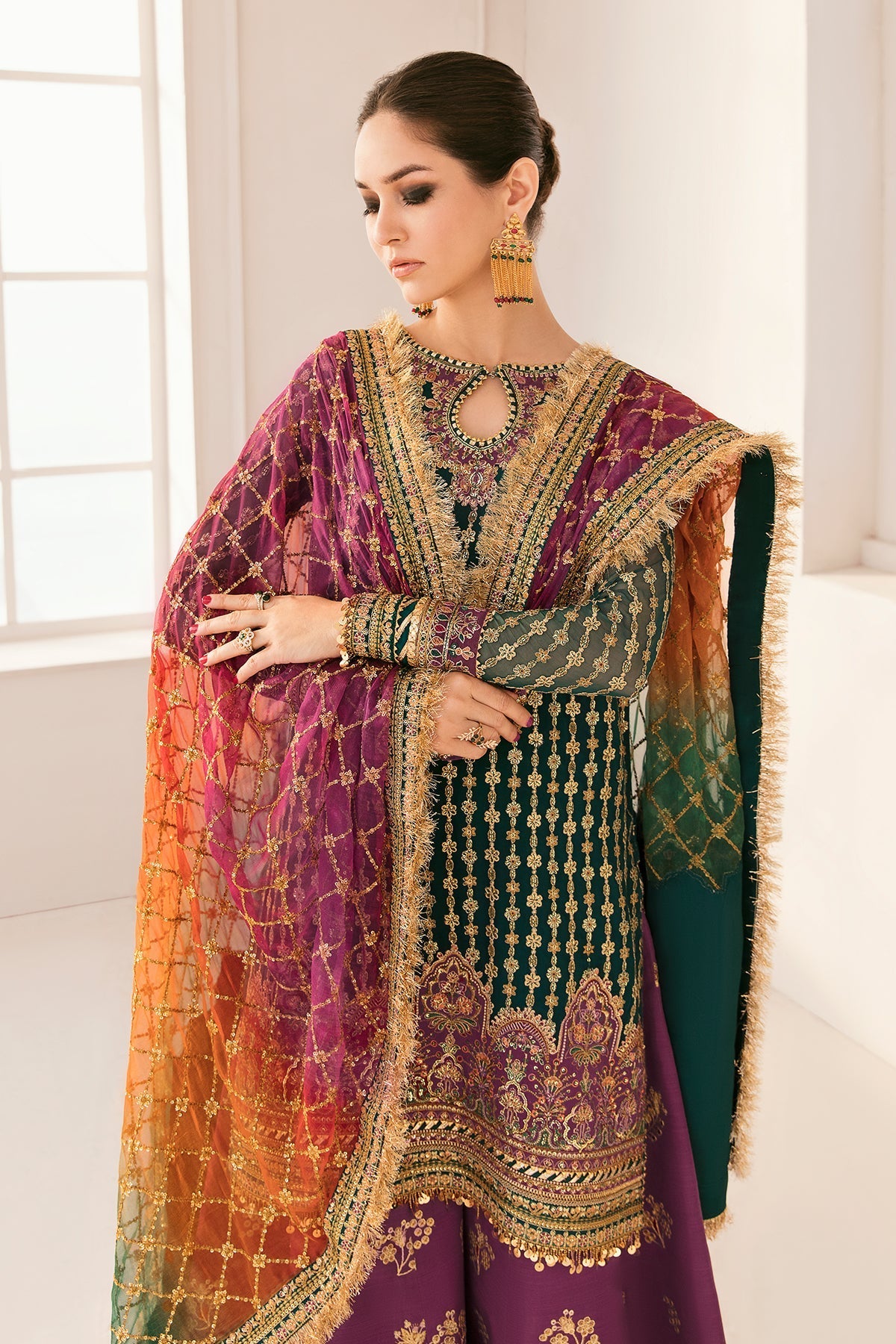 Model wearing green organza embroidered Baroque Chantalée replica with double-shaded dupatta and silk trouser – Mana R.