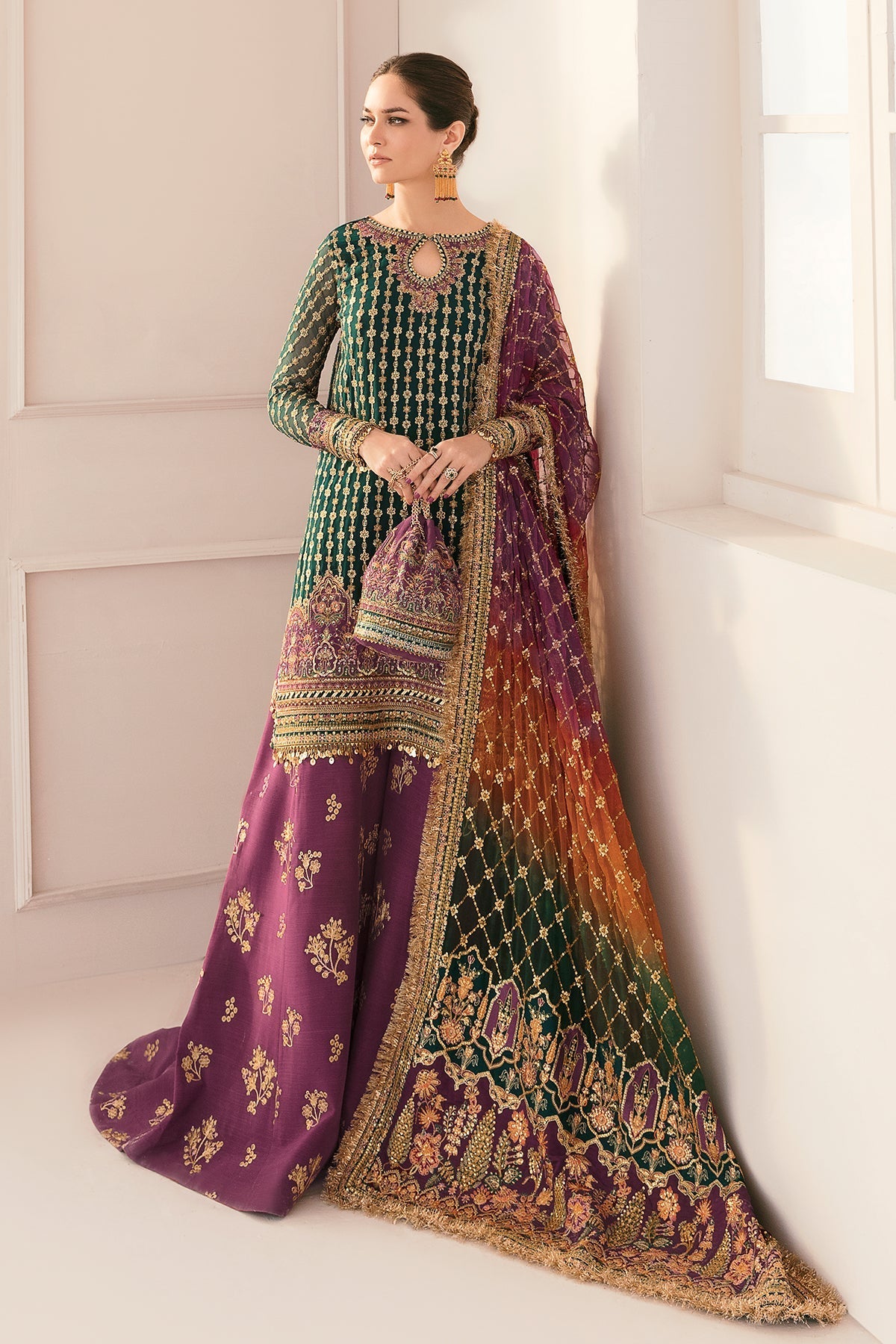 Model wearing green organza embroidered Baroque Chantalée replica with double-shaded dupatta and silk trouser – Mana R.