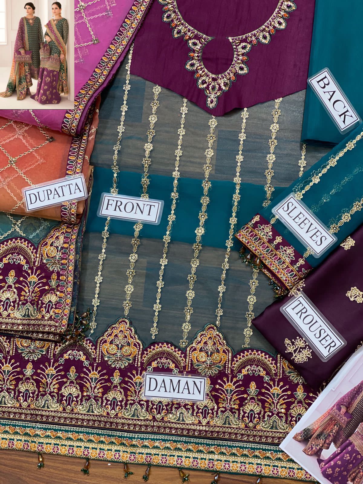 Model wearing green organza embroidered Baroque Chantalée replica with double-shaded dupatta and silk trouser – Mana R.