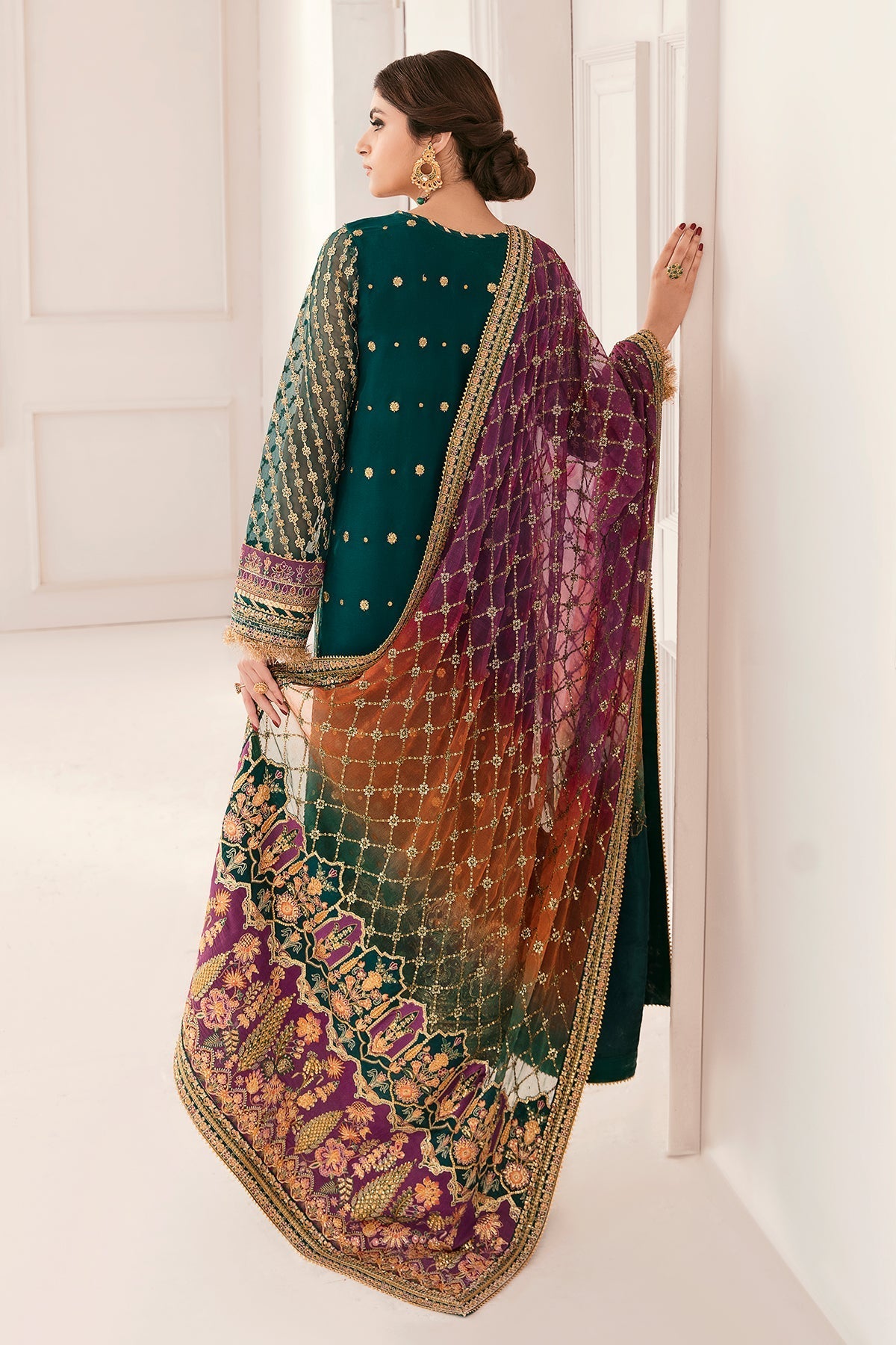 Woman wearing a traditional embroidered saree in a white room