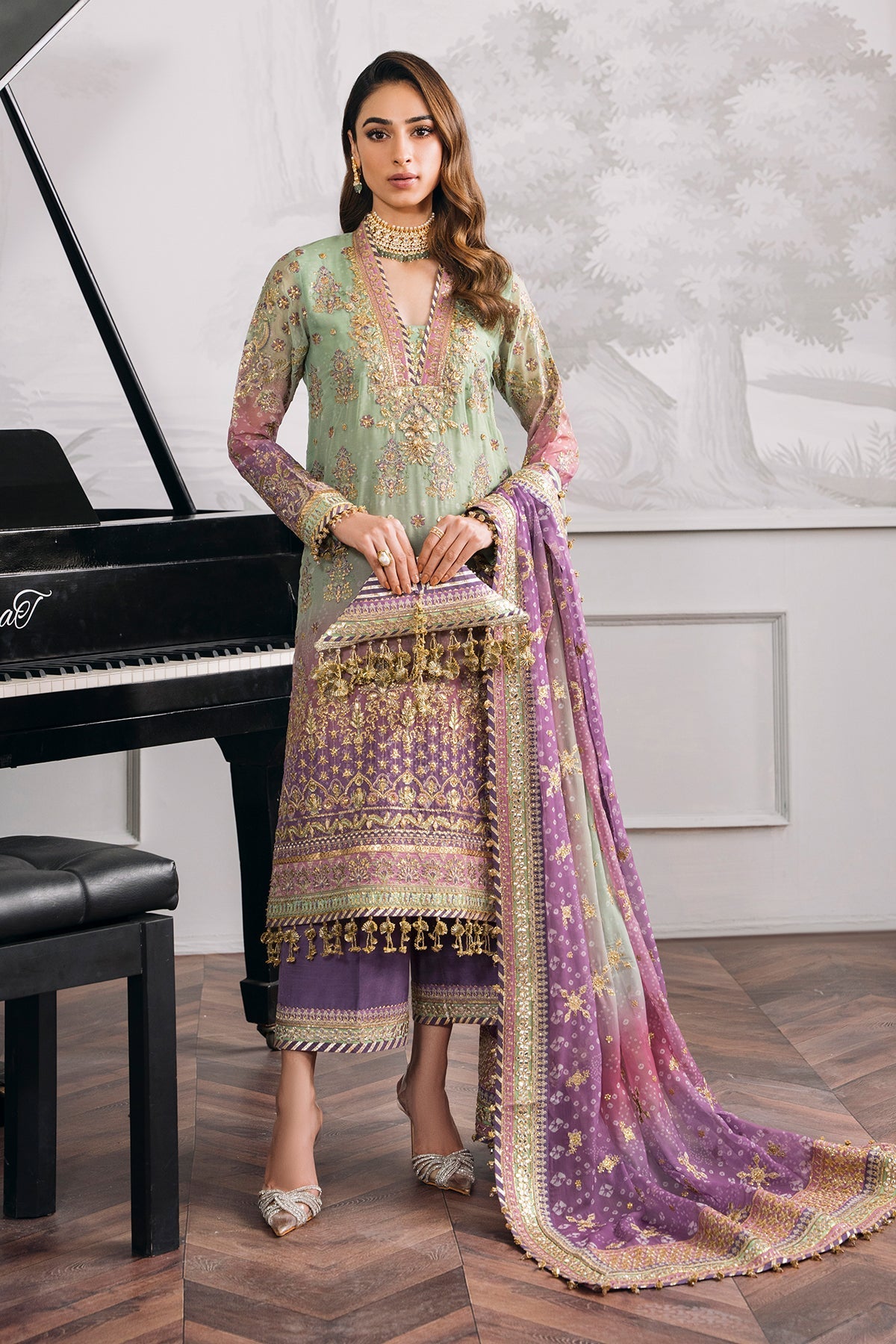 Model wearing pastel chiffon embroidered Baroque replica suit with silk trouser and 4-side dupatta – Mana R.