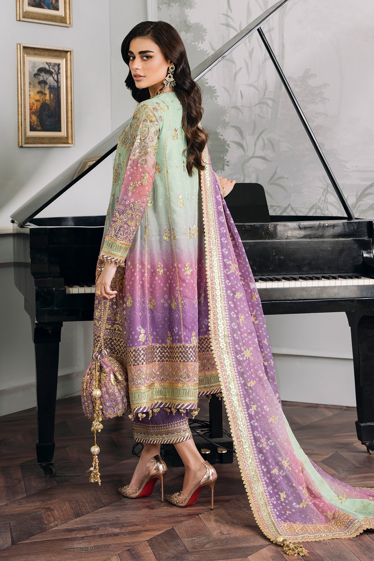 Model wearing pastel chiffon embroidered Baroque replica suit with silk trouser and 4-side dupatta – Mana R.