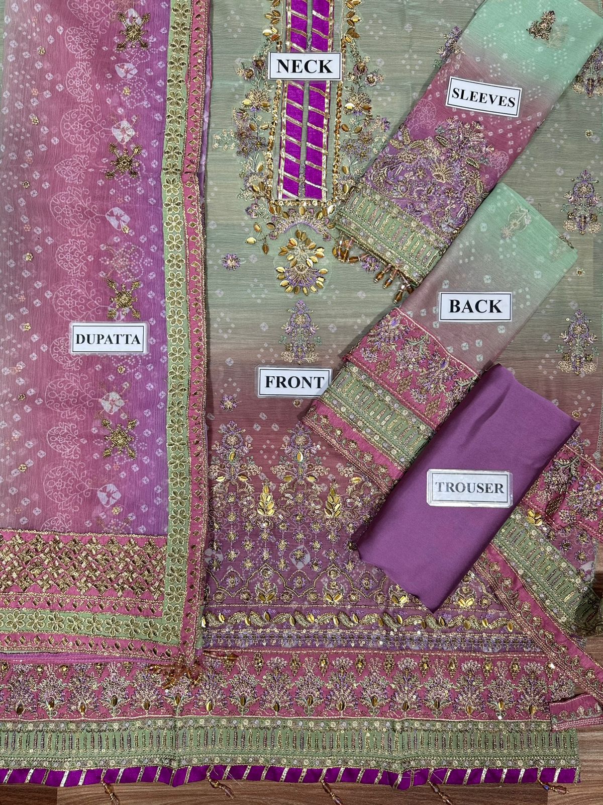 Model wearing pastel chiffon embroidered Baroque replica suit with silk trouser and 4-side dupatta – Mana R.