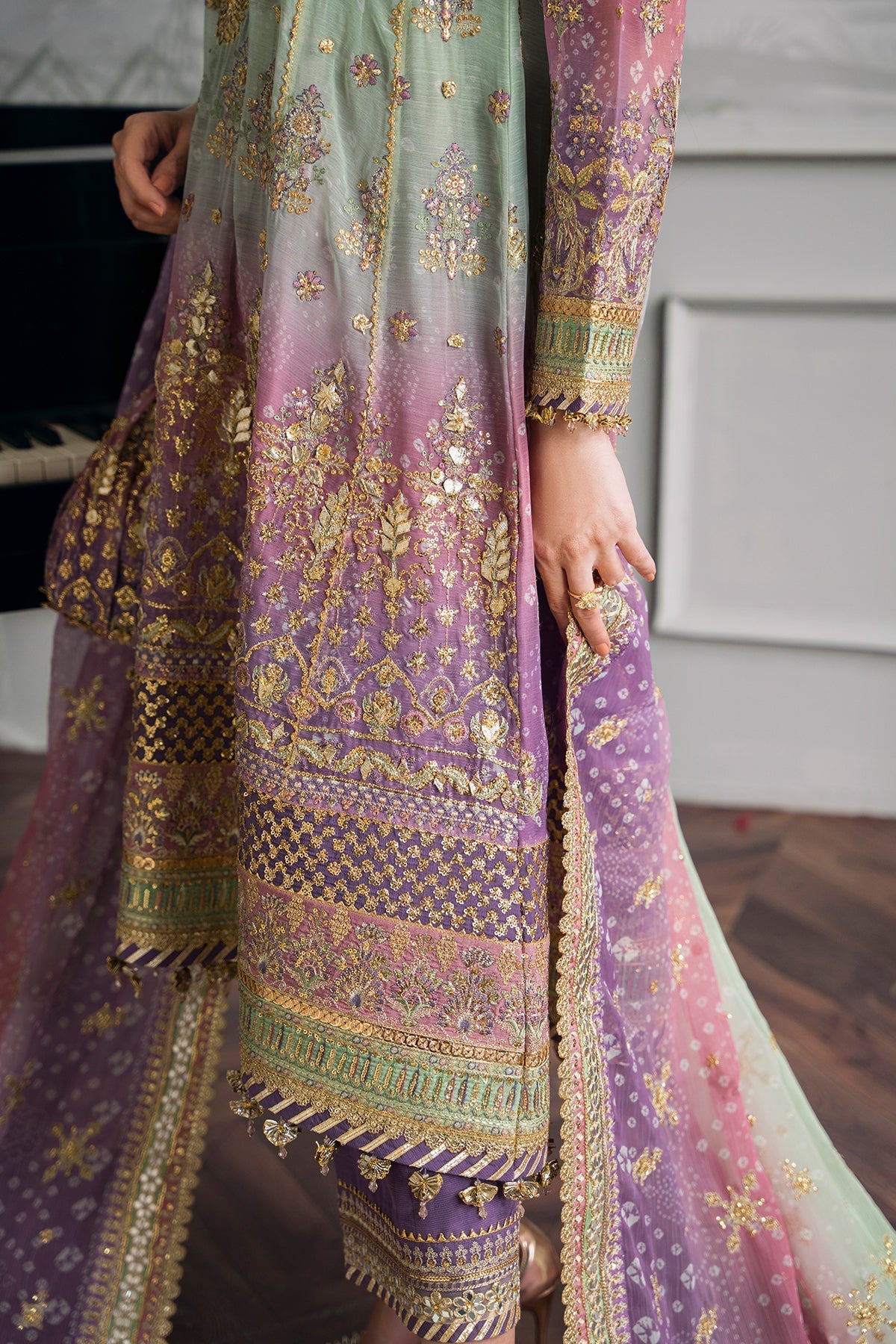 Model wearing pastel chiffon embroidered Baroque replica suit with silk trouser and 4-side dupatta – Mana R.