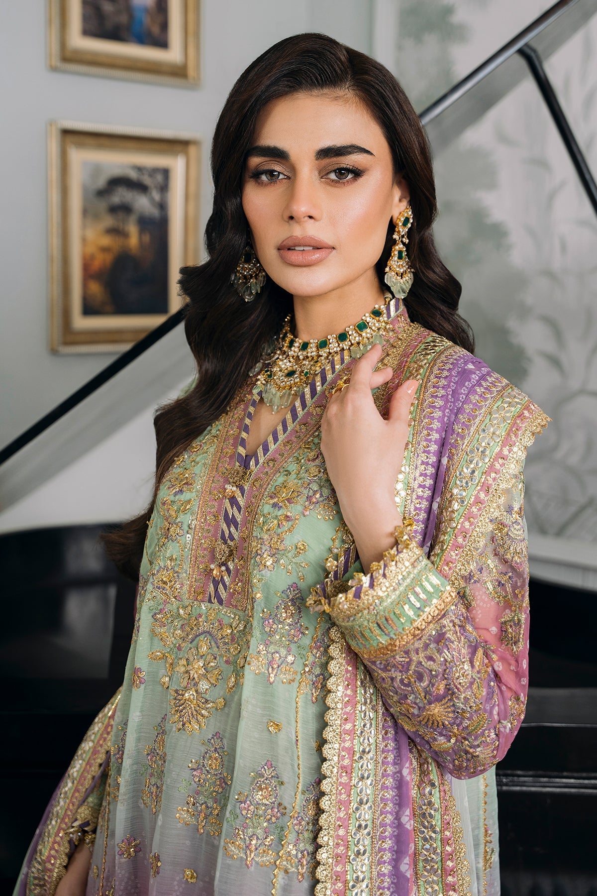 Model wearing pastel chiffon embroidered Baroque replica suit with silk trouser and 4-side dupatta – Mana R.