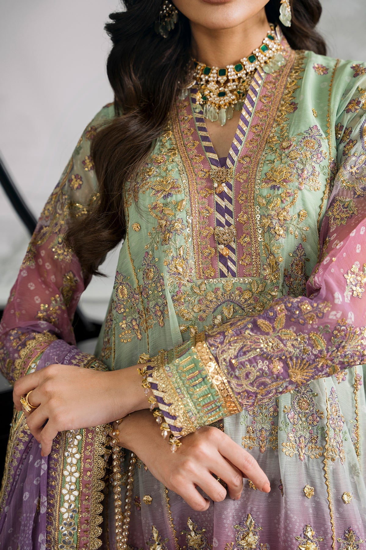 Model wearing pastel chiffon embroidered Baroque replica suit with silk trouser and 4-side dupatta – Mana R.
