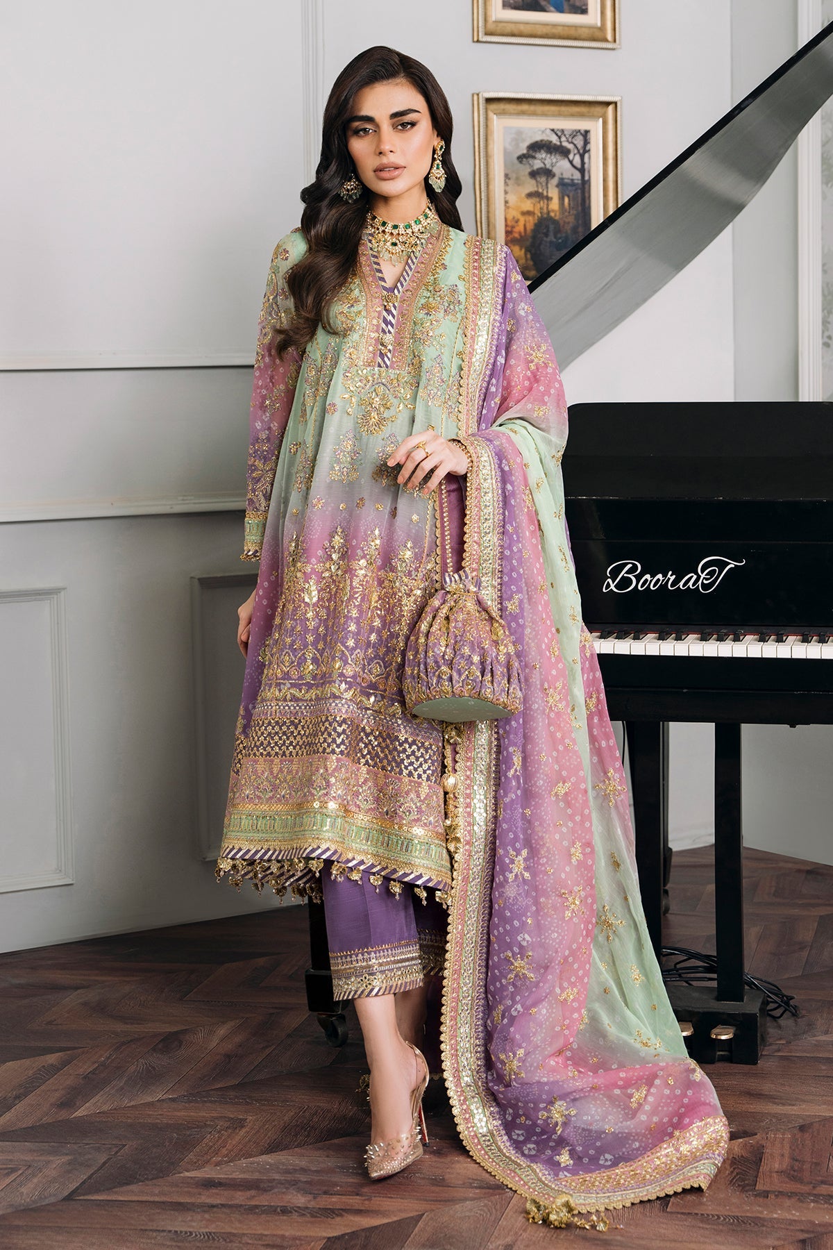 Model wearing pastel chiffon embroidered Baroque replica suit with silk trouser and 4-side dupatta – Mana R.