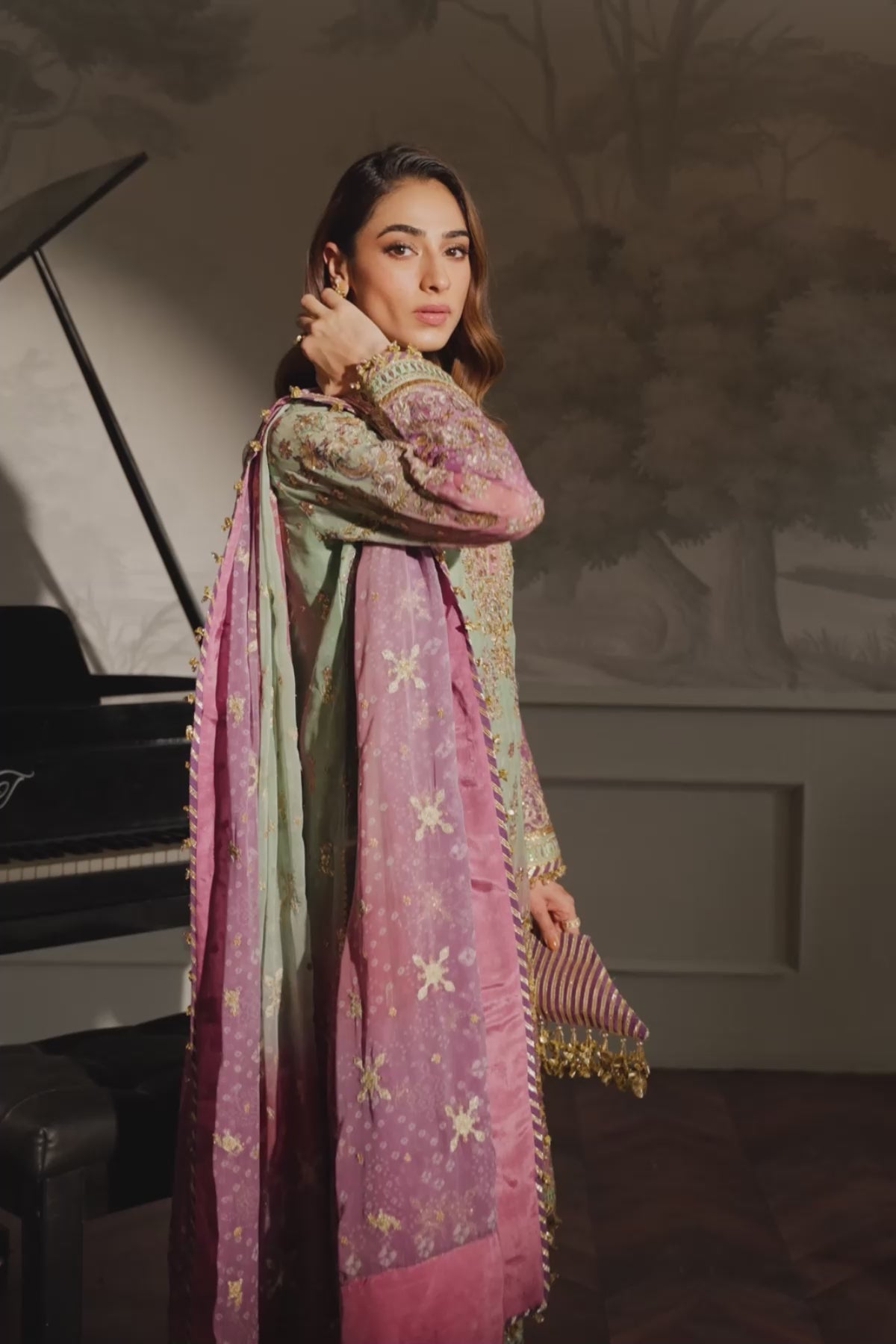 Model wearing pastel chiffon embroidered Baroque replica suit with silk trouser and 4-side dupatta – Mana R.