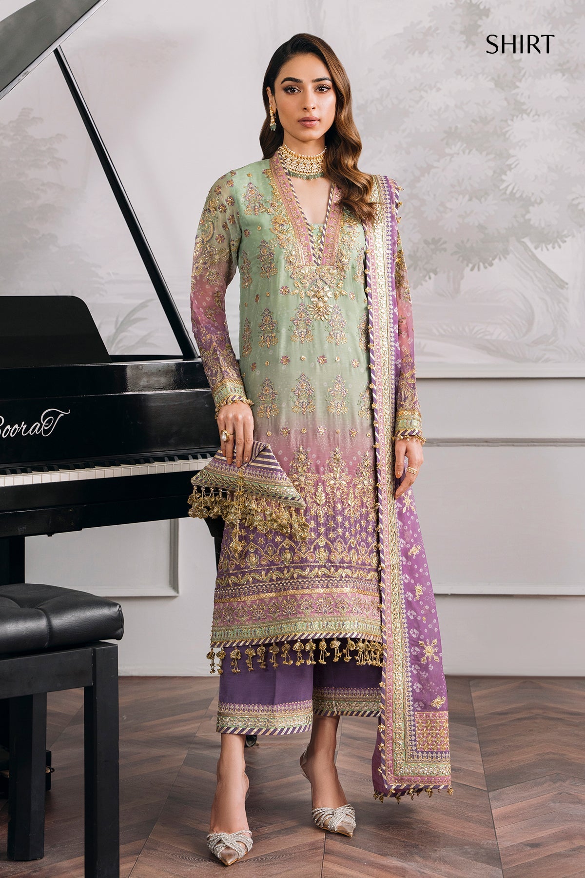 Model wearing pastel chiffon embroidered Baroque replica suit with silk trouser and 4-side dupatta – Mana R.