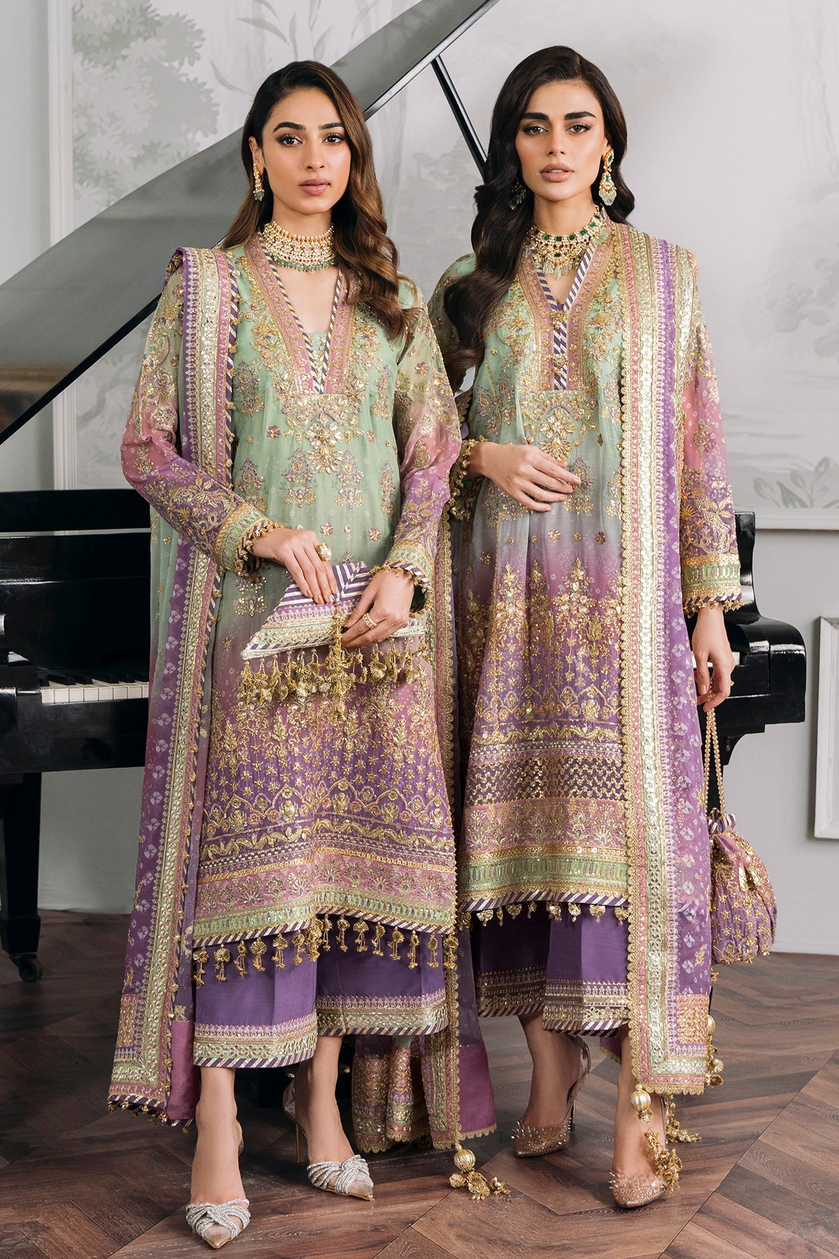 Model wearing pastel chiffon embroidered Baroque replica suit with silk trouser and 4-side dupatta – Mana R.