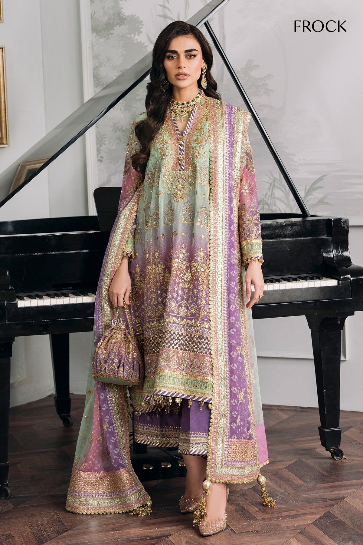 Model wearing pastel chiffon embroidered Baroque replica suit with silk trouser and 4-side dupatta – Mana R.