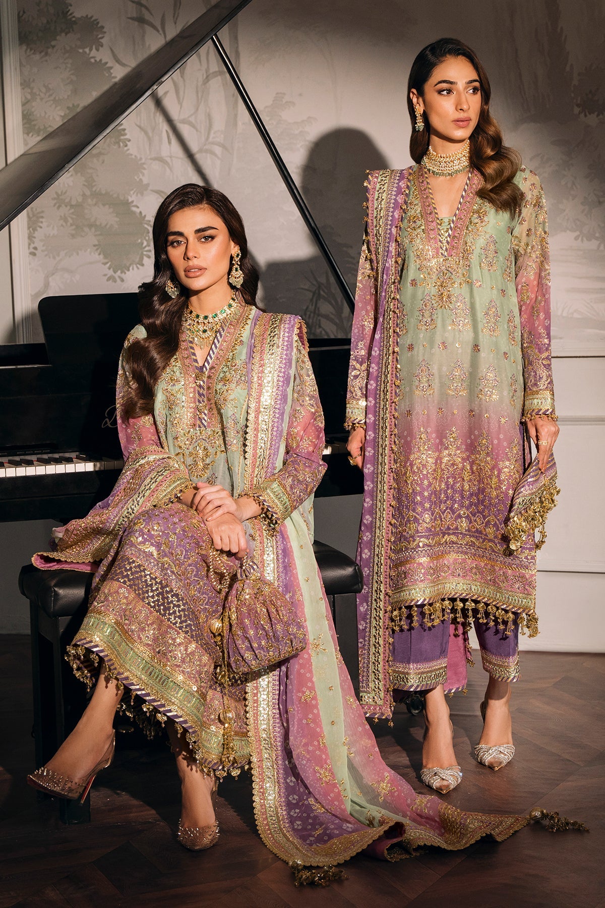 Model wearing pastel chiffon embroidered Baroque replica suit with silk trouser and 4-side dupatta – Mana R.