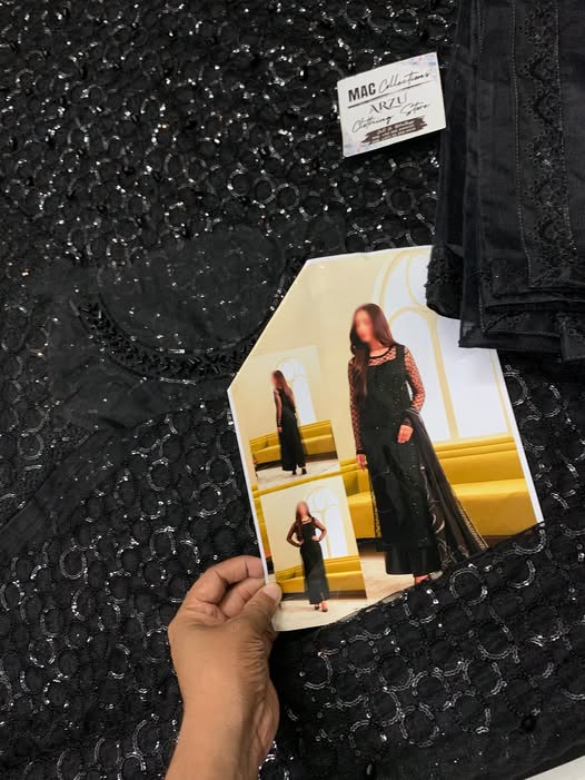 Model wearing black net sequin embroidered unstitched Lulusar replica suit with adda neckline – Mana R.