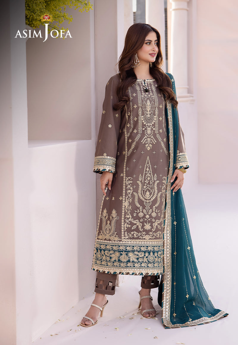 Pakistani formal wear Asim Jofa embroidered sequin net dress with silk trouser and tassel detail