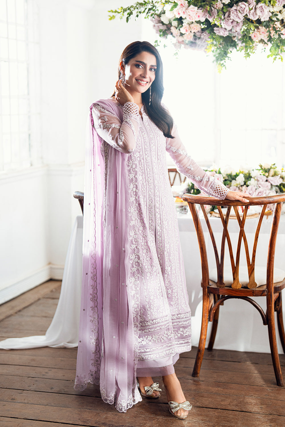 Lilac chiffon wedding replica suit with sequin embroidery and dupatta – Twilight Lavender by Mana R.