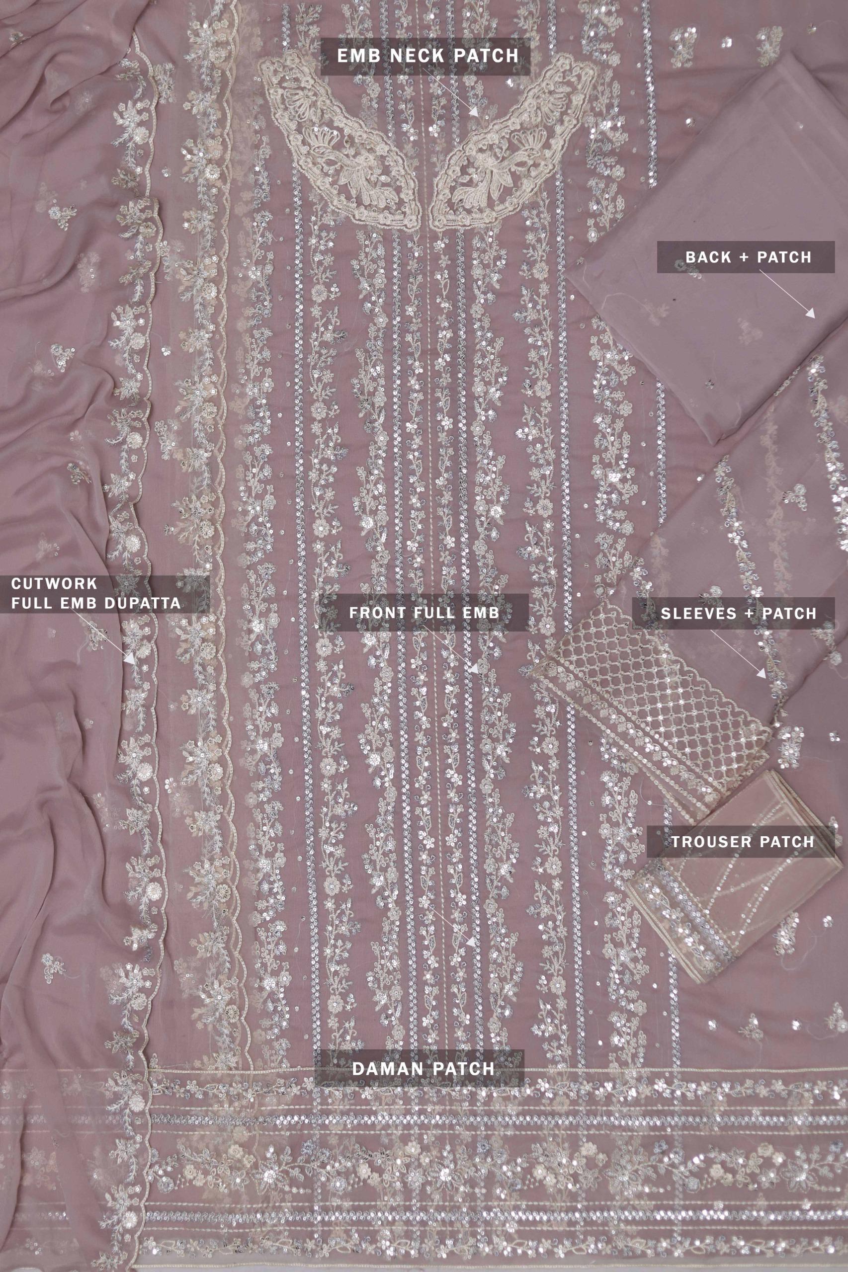 Detailed view of a embroidered garment with labeled parts on a matching fabric background.