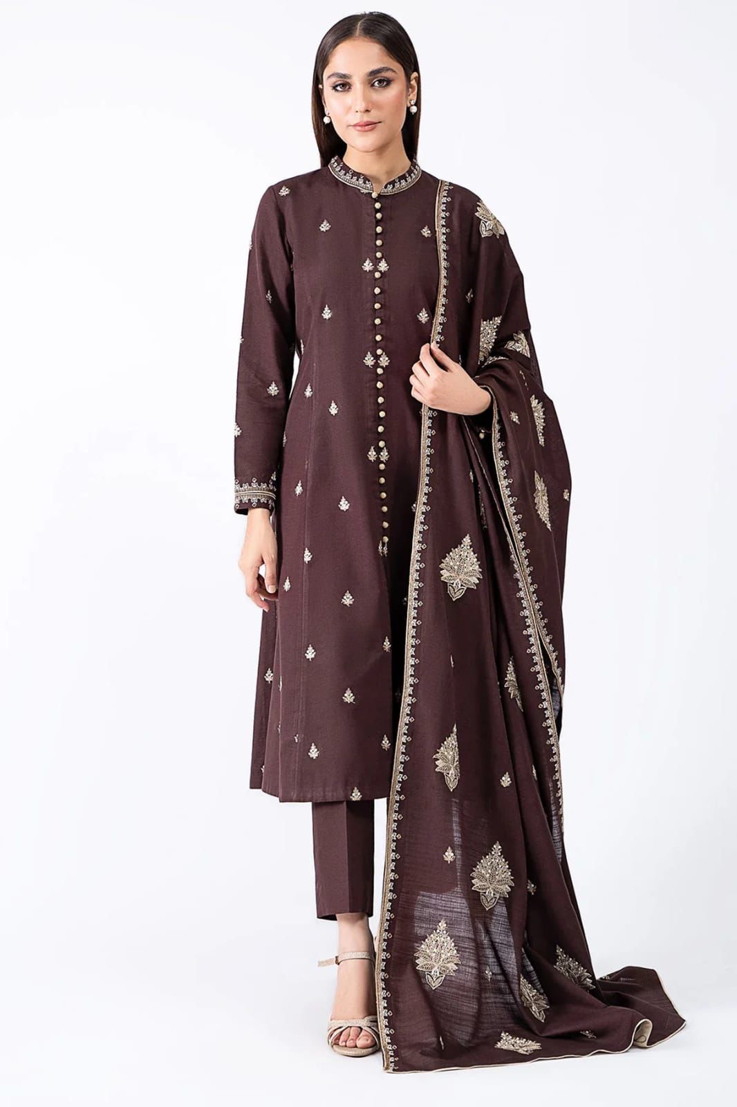 Pakistani unstitched Keysria Dhanak Majesty suit with embroidered spangle net back and daman border