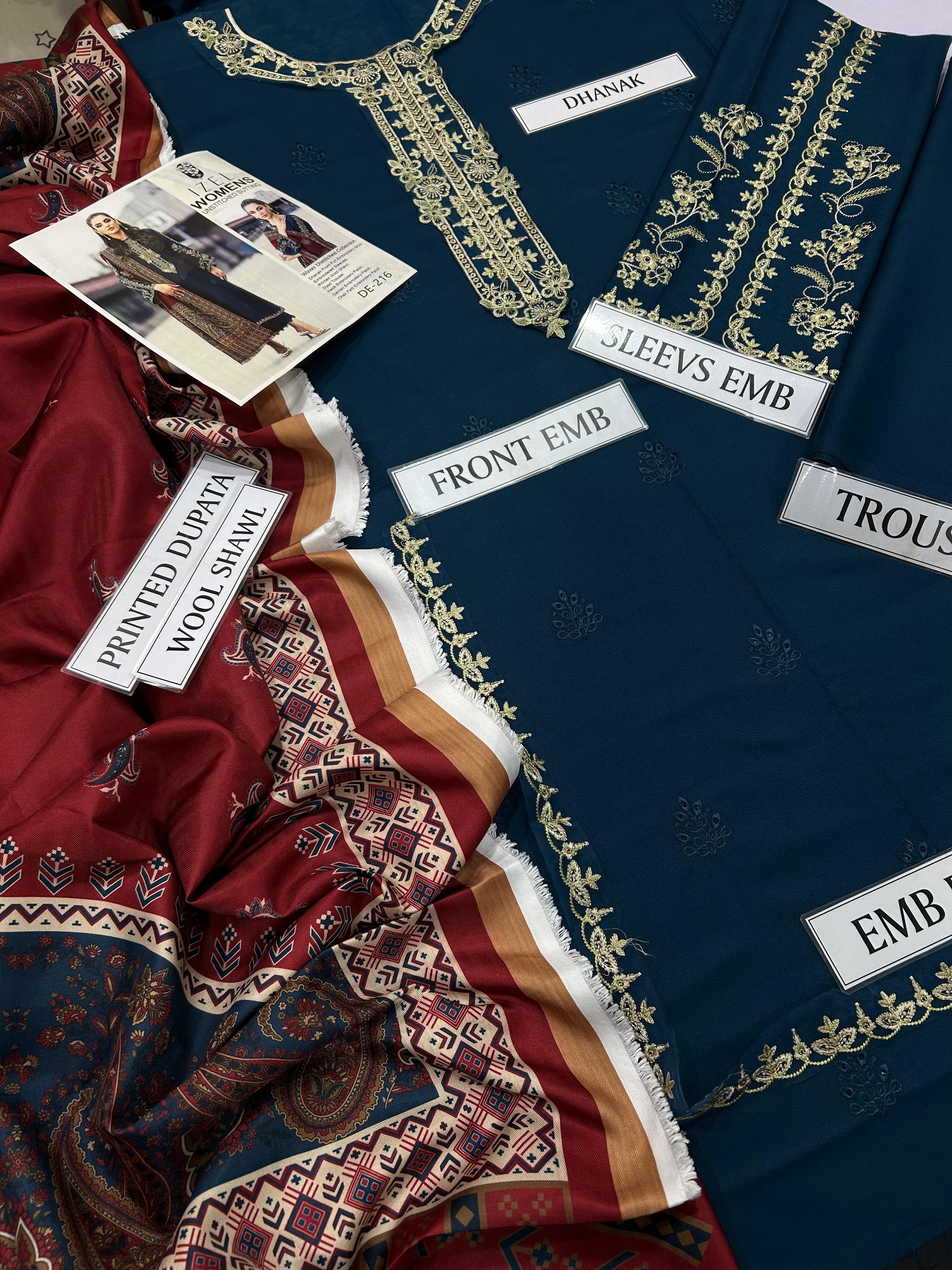 The IZEL Zara | 3PC Embroidered Dhanak Luxury Suit | Unstitched