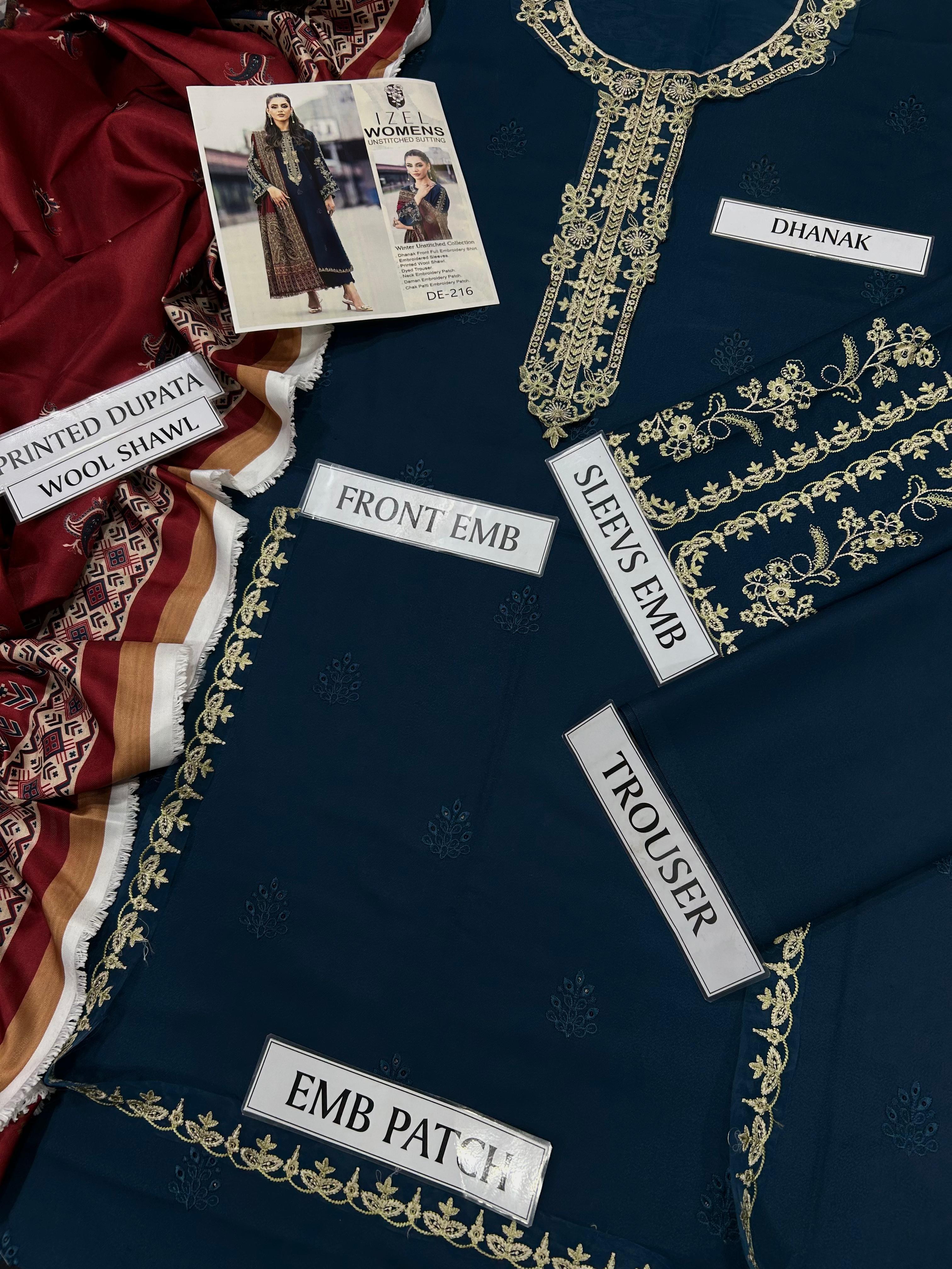 The IZEL Zara | 3PC Embroidered Dhanak Luxury Suit | Unstitched