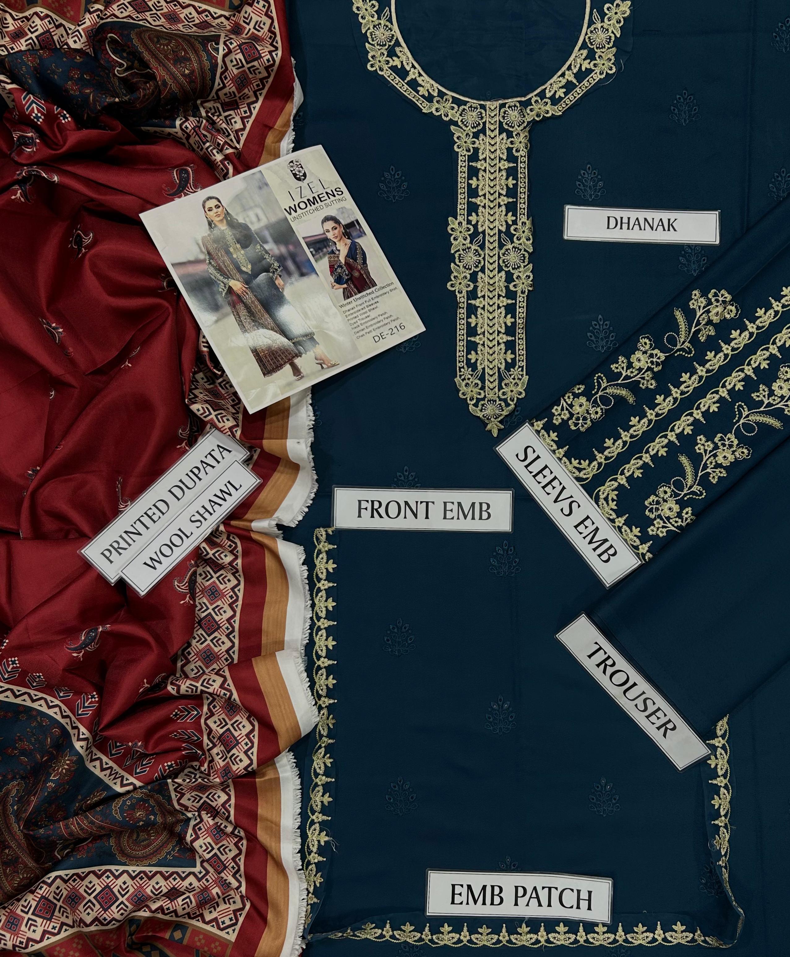The IZEL Zara | 3PC Embroidered Dhanak Luxury Suit | Unstitched