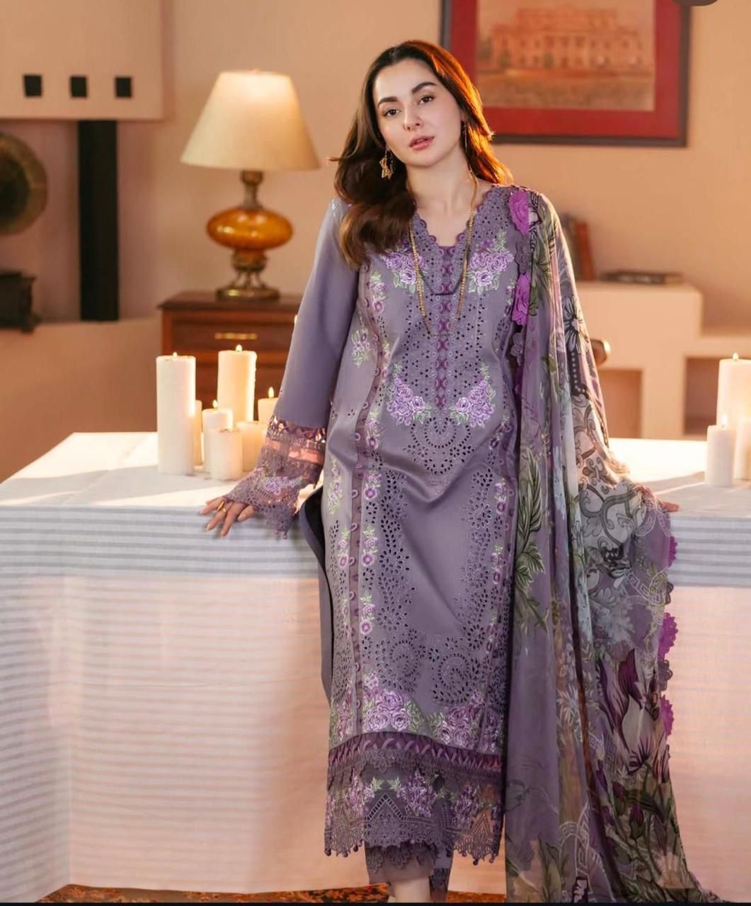 Dhanak Chikankari unstitched luxury suit with heavy embroidered sequin front and elegant daman border